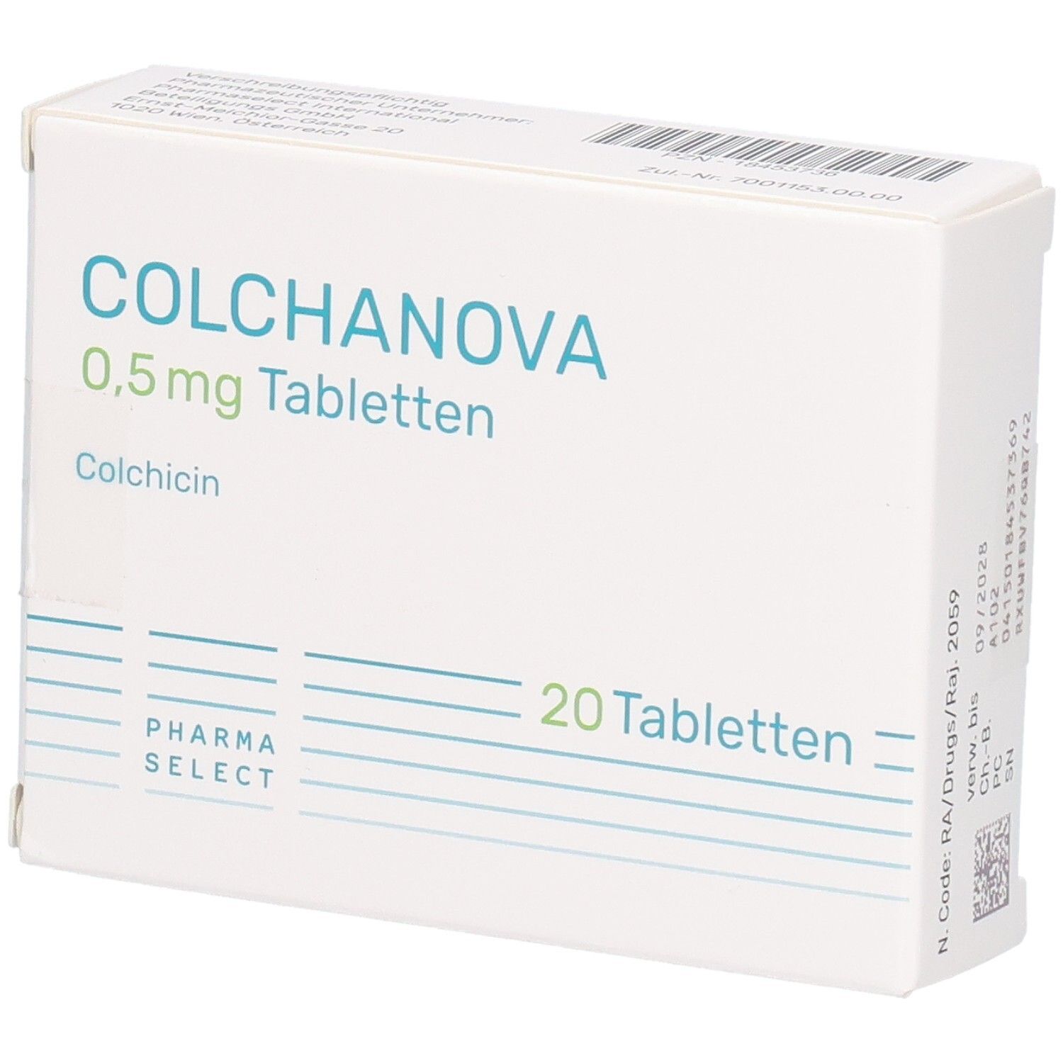 Schachtel mit COLCHANOVA 0,5 mg Tabletten. Enthält 20 Tabletten. Pharma Select Logo. Aufschrift: Colchicin.