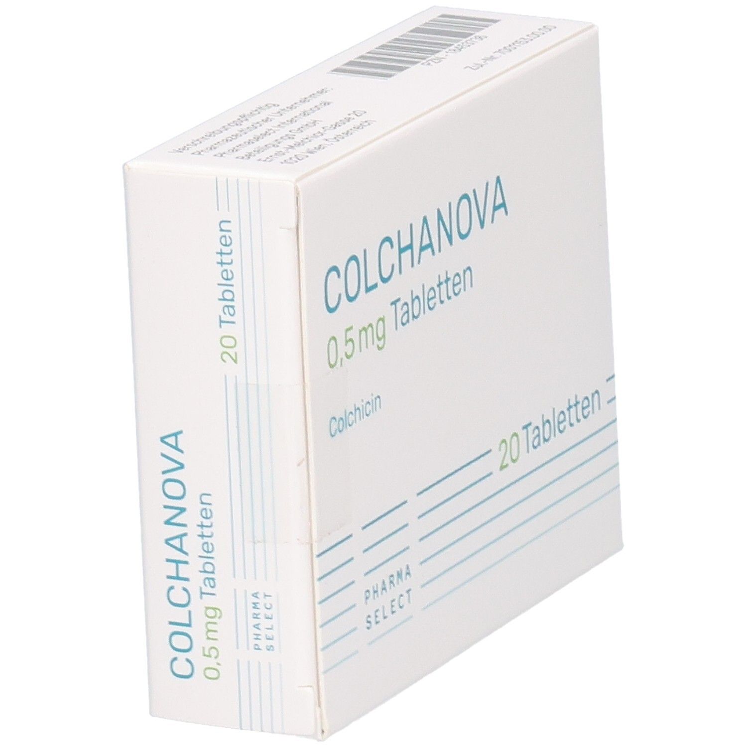 Schachtel mit COLCHANOVA 0,5 mg Tabletten. 20 Tabletten. Pharma Select Logo. Aufschrift: Colchicin. Schrägansicht.