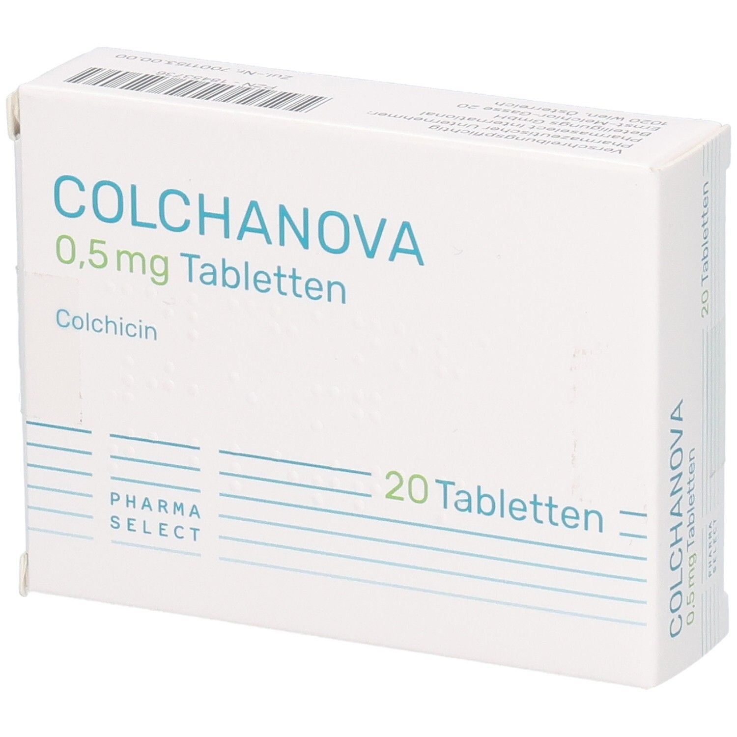 Schachtel mit COLCHANOVA 0,5 mg Tabletten. Enthält 20 Tabletten. Pharma Select Logo. Aufschrift: Colchicin.