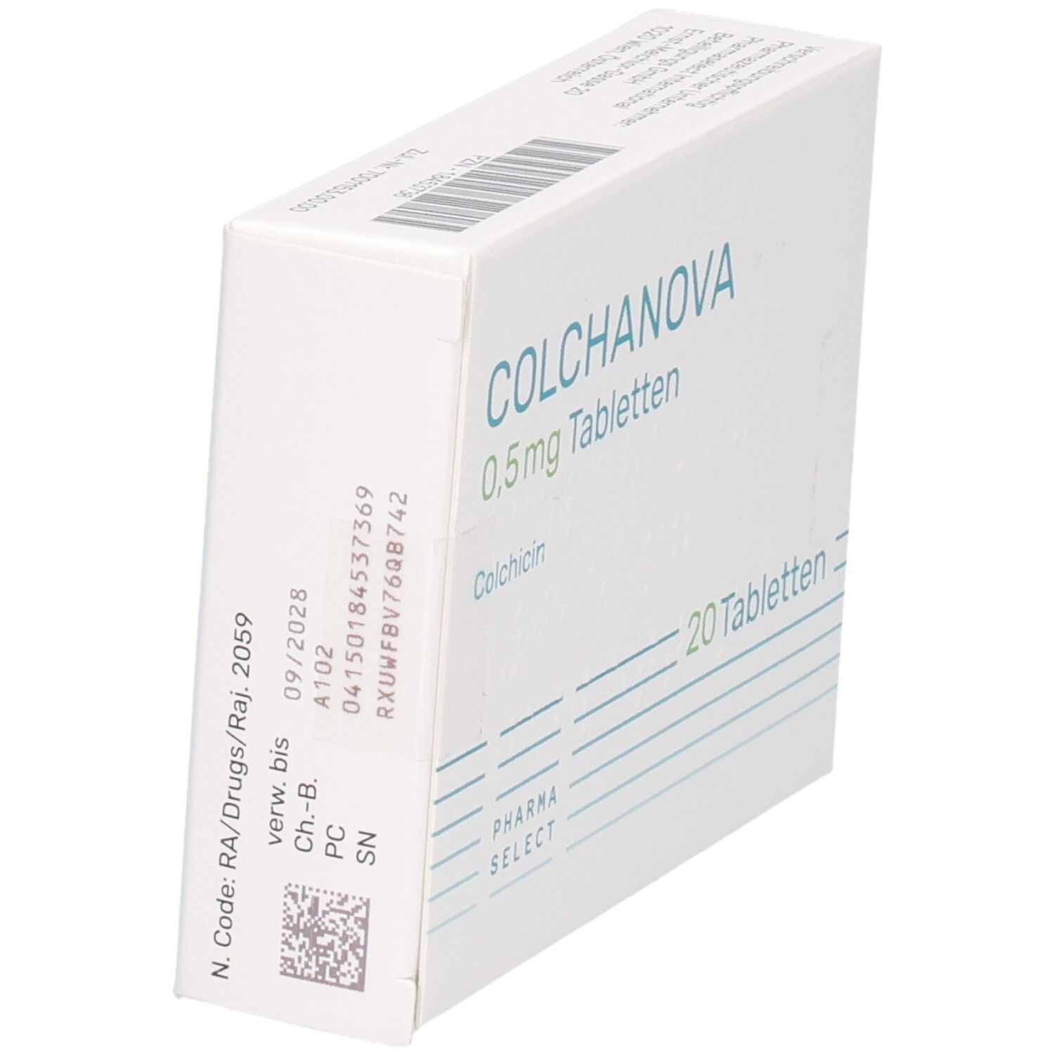 Schachtel mit COLCHANOVA 0,5 mg Tabletten. 20 Tabletten. Pharma Select Logo. Aufschrift: Colchicin. Schrägansicht.