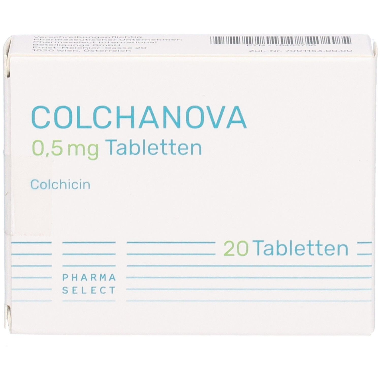 Schachtel mit COLCHANOVA 0,5 mg Tabletten. Enthält 20 Tabletten. Pharma Select Logo. Aufschrift: Colchicin.