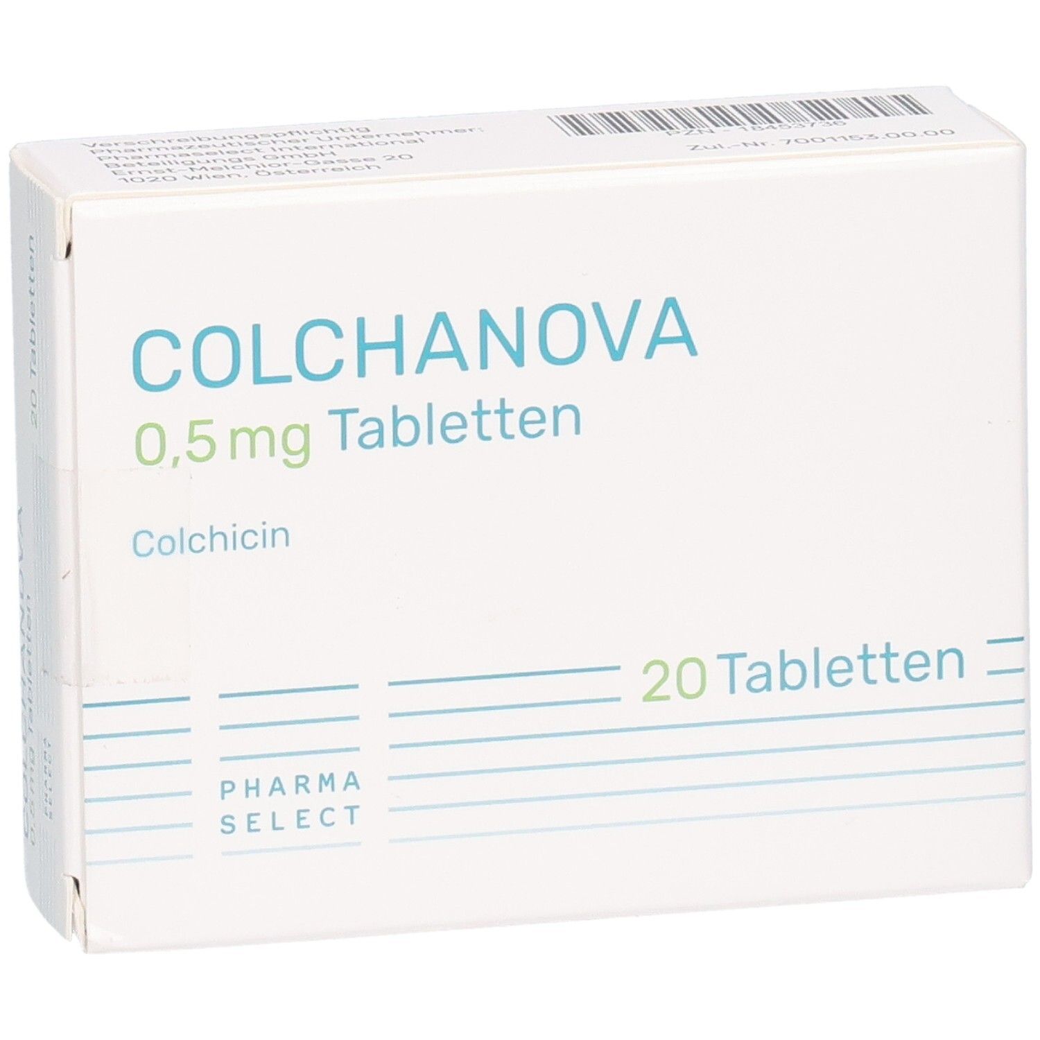 Schachtel mit COLCHANOVA 0,5 mg Tabletten. Enthält 20 Tabletten. Pharma Select Logo. Aufschrift: Colchicin.