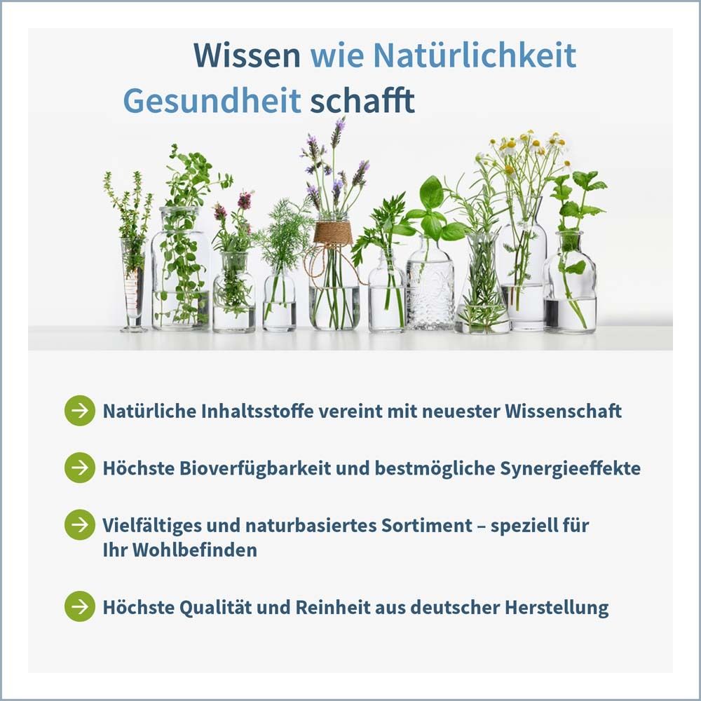 Vasen mit Kräutern und Blumen. Text: Natürliche Inhaltsstoffe, höchste Bioverfügbarkeit, vielfältiges Sortiment, höchste Qualität aus deutscher Herstellung.