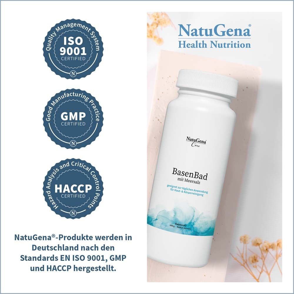 Flasche mit Zertifizierungen: ISO 9001, GMP, HACCP. Text: NatuGena Produkte werden in Deutschland nach ISO 9001, GMP und HACCP hergestellt.