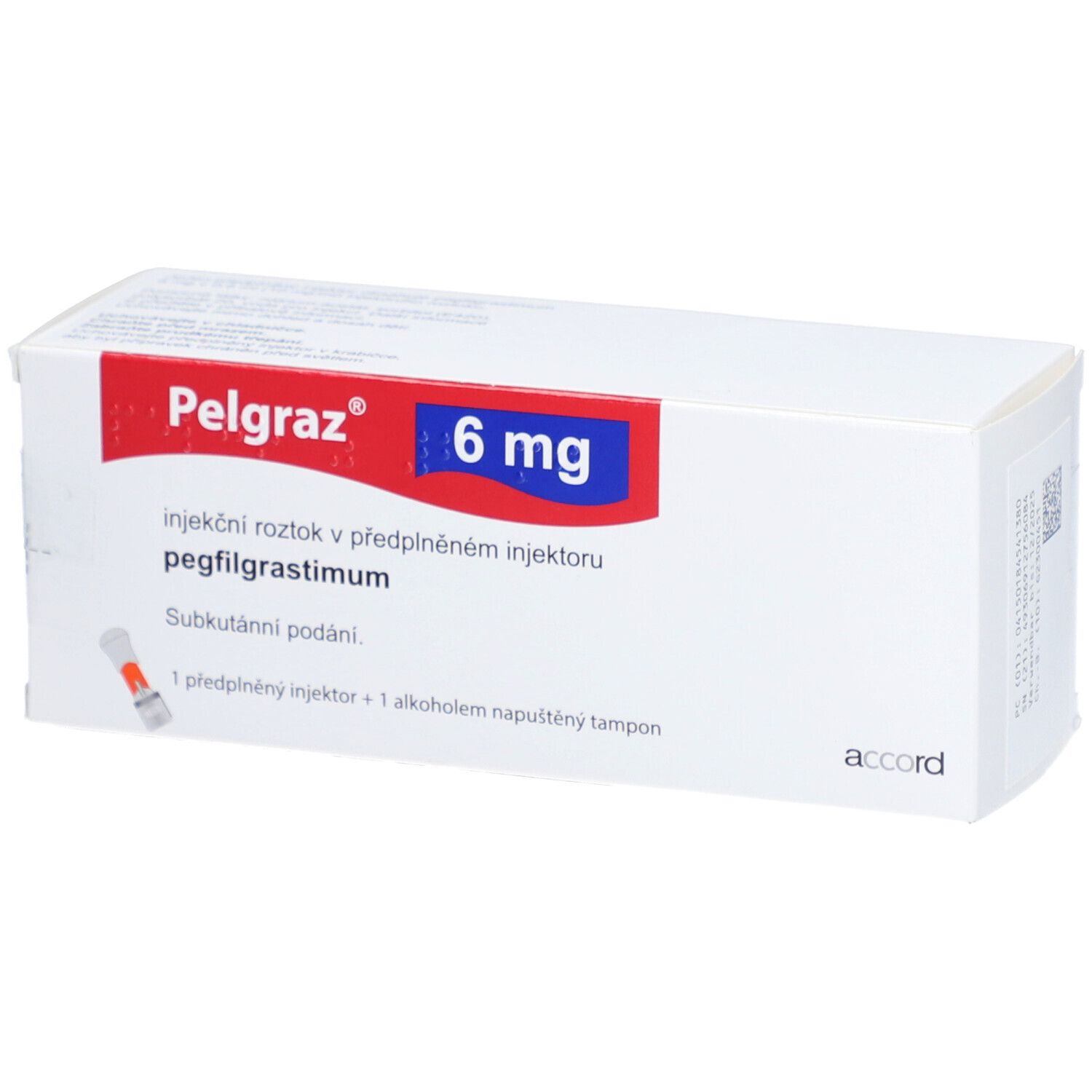 Weiße Schachtel mit roter und blauer Beschriftung. Aufschrift: Pelgraz 6 mg. Injektionslösung in Fertiginjektor.
