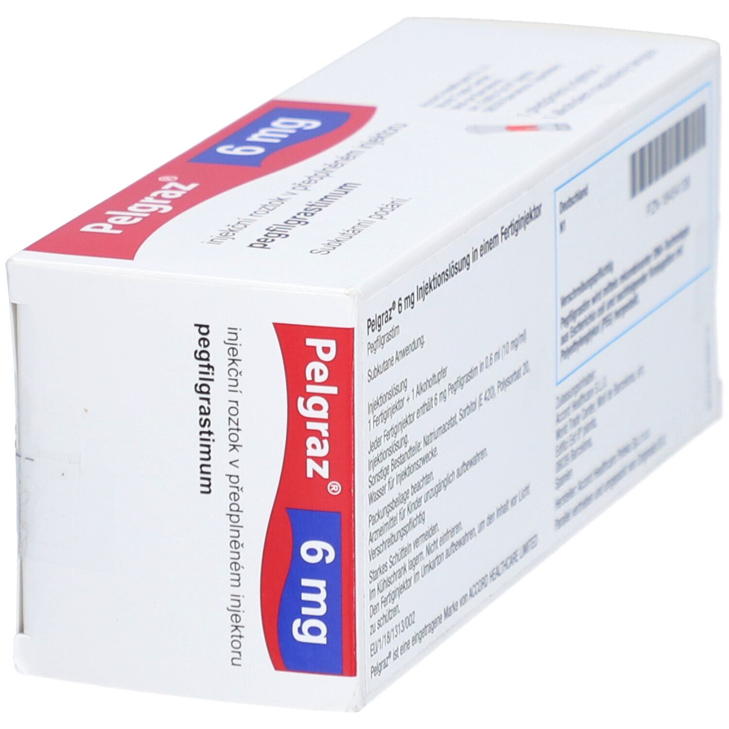 Weiße Schachtel, schräg von der Seite gesehen. Aufschrift: Pelgraz 6 mg. Injektionslösung in Fertiginjektor.
