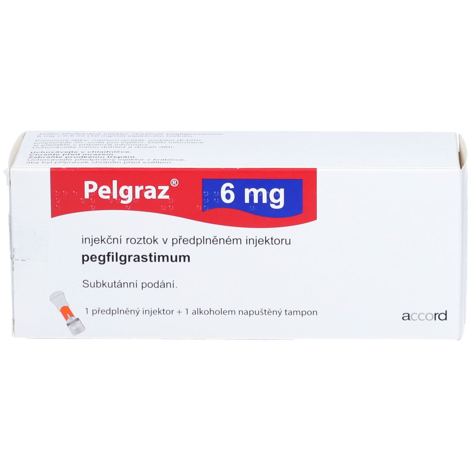 Weiße Schachtel mit roter und blauer Beschriftung. Aufschrift: Pelgraz 6 mg. Injektionslösung in Fertiginjektor.