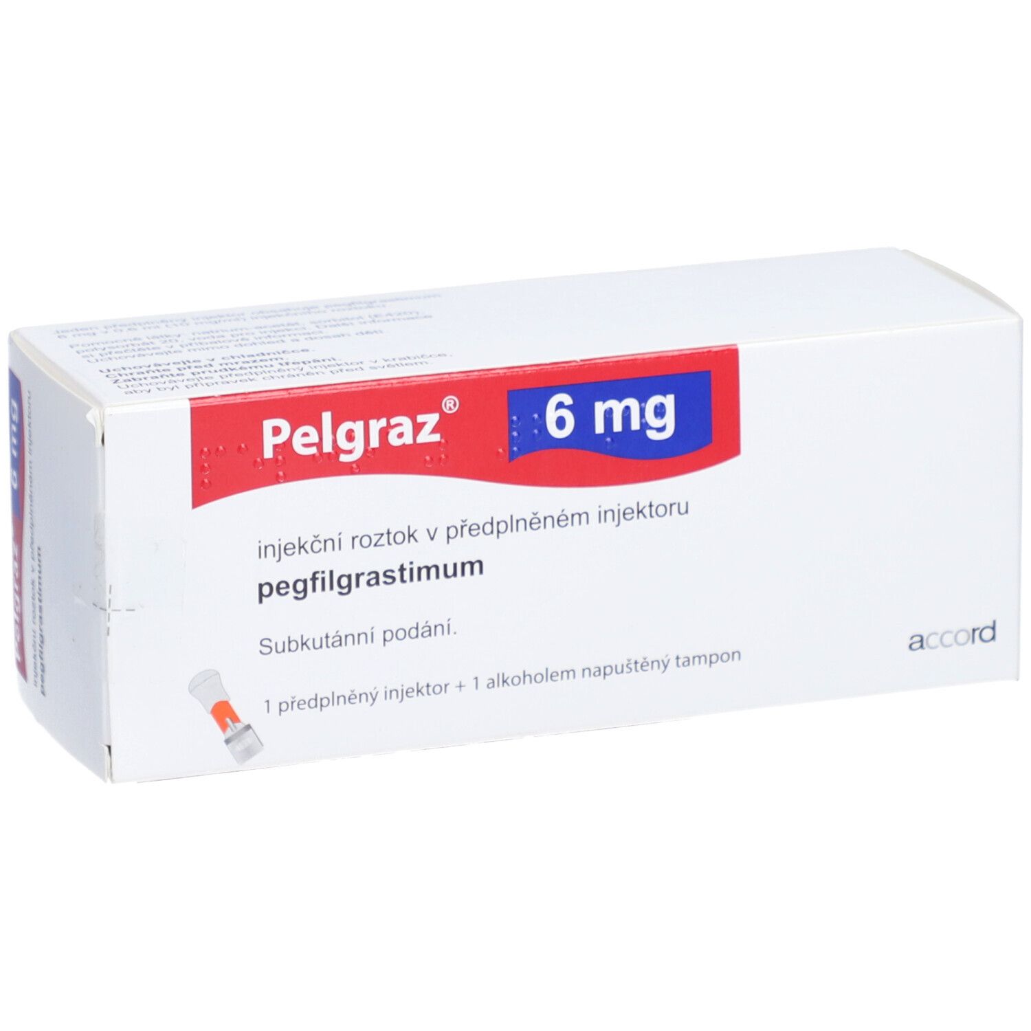 Weiße Schachtel mit roter und blauer Beschriftung. Aufschrift: Pelgraz 6 mg. Injektionslösung in Fertiginjektor.