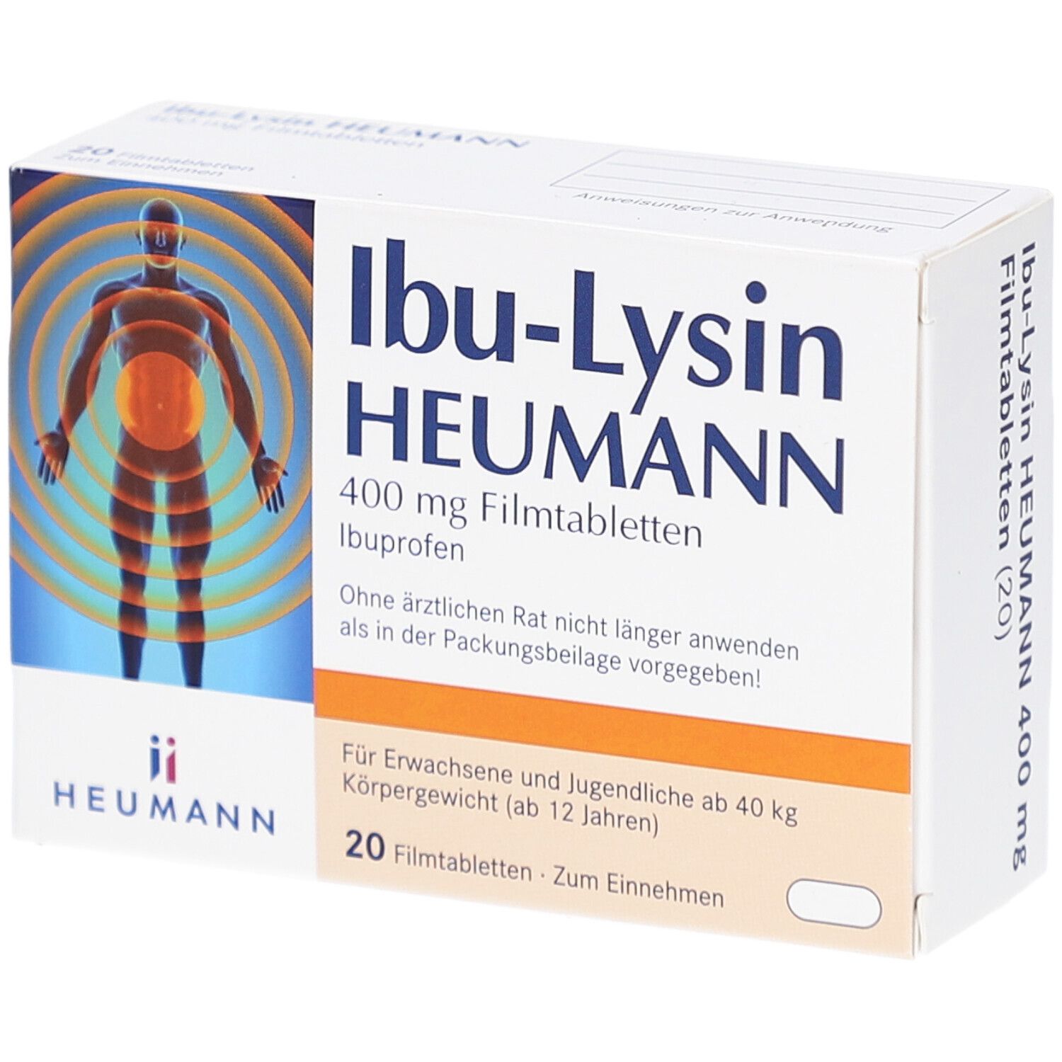 Schachtel Ibu-Lysin HEUMANN 400 mg Filmtabletten. Aufdruck: 20 Filmtabletten. Abbildung eines menschlichen Körpers mit Schmerzpunkten.