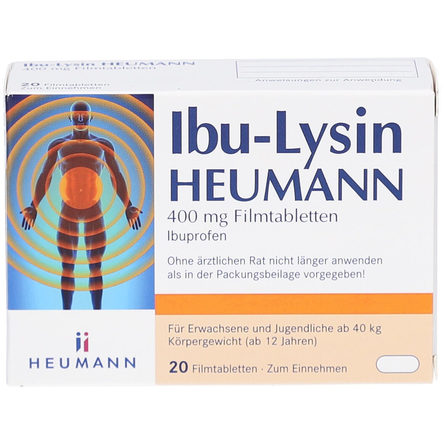 Schachtel Ibu-Lysin HEUMANN 400 mg Filmtabletten. Aufdruck: 20 Filmtabletten. Abbildung eines menschlichen Körpers mit Schmerzpunkten.