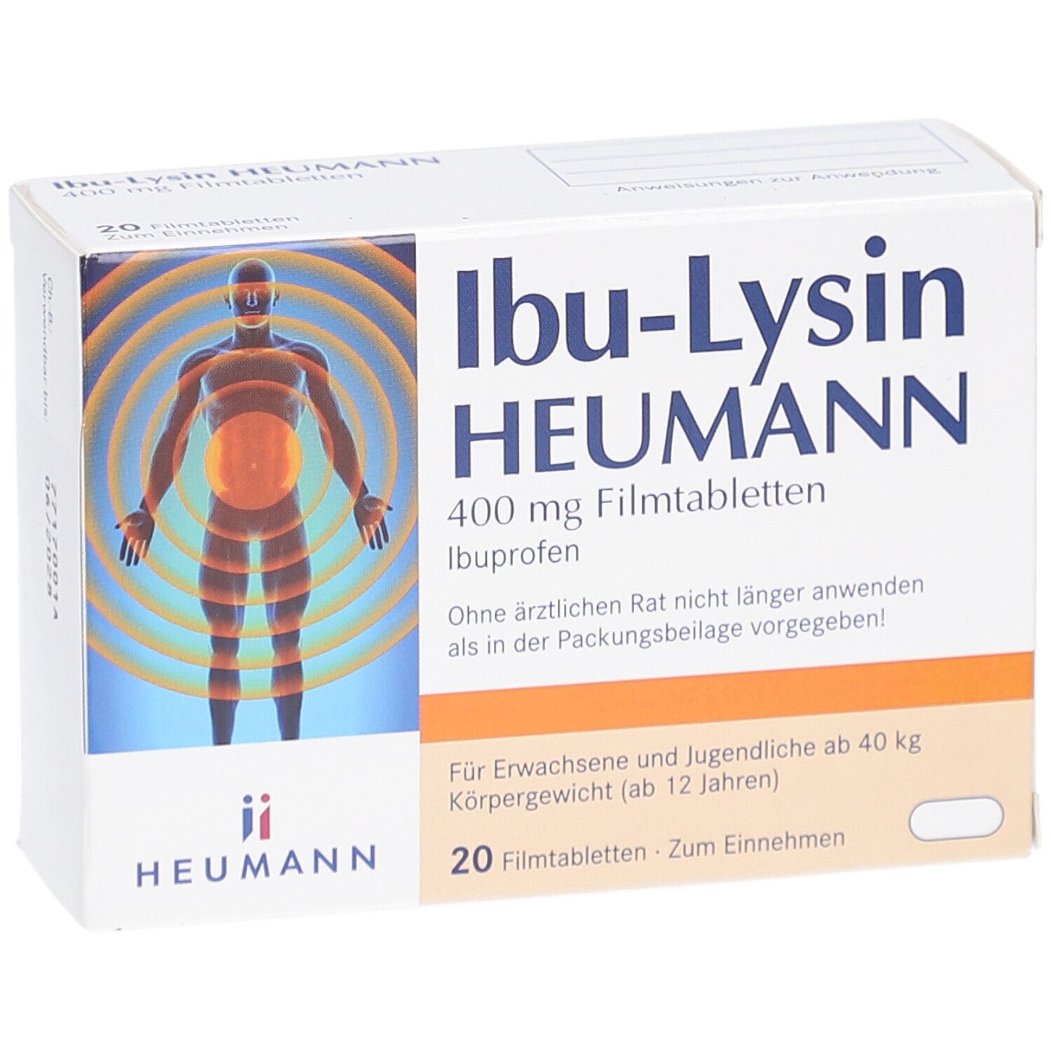 Schachtel Ibu-Lysin HEUMANN 400 mg Filmtabletten. Aufdruck: 20 Filmtabletten. Abbildung eines menschlichen Körpers mit Schmerzpunkten.
