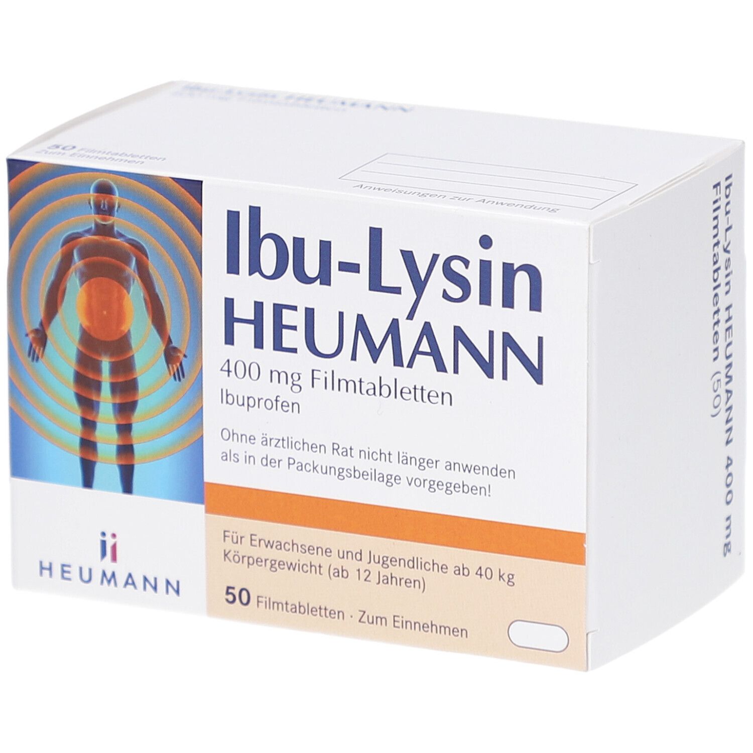 Schachtel Ibu-Lysin HEUMANN 400 mg Filmtabletten. Aufdruck: 50 Filmtabletten. Abbildung eines menschlichen Körpers.