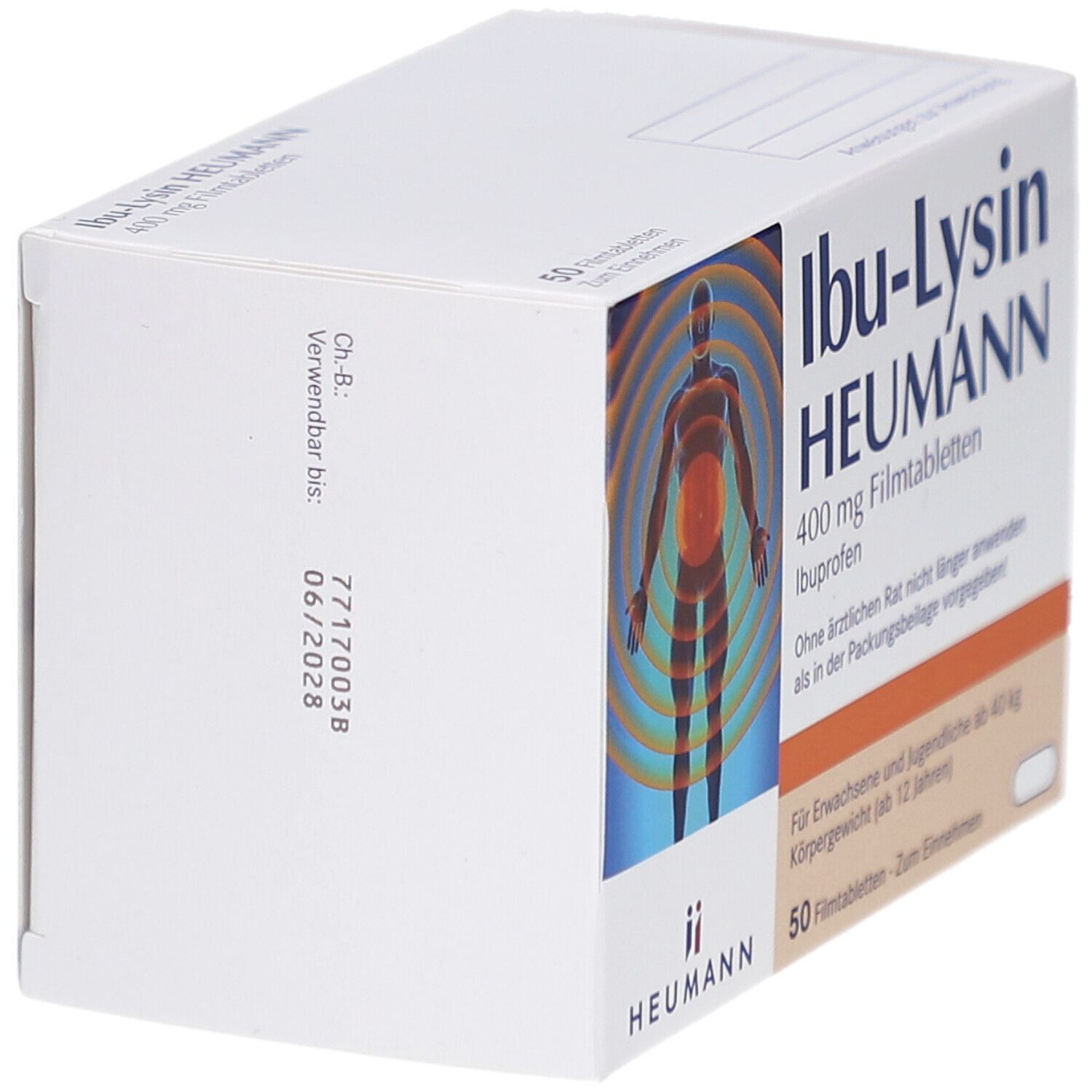 Seitenansicht der Schachtel Ibu-Lysin HEUMANN 400 mg Filmtabletten. Aufdruck: Verwendbar bis 06/2026.