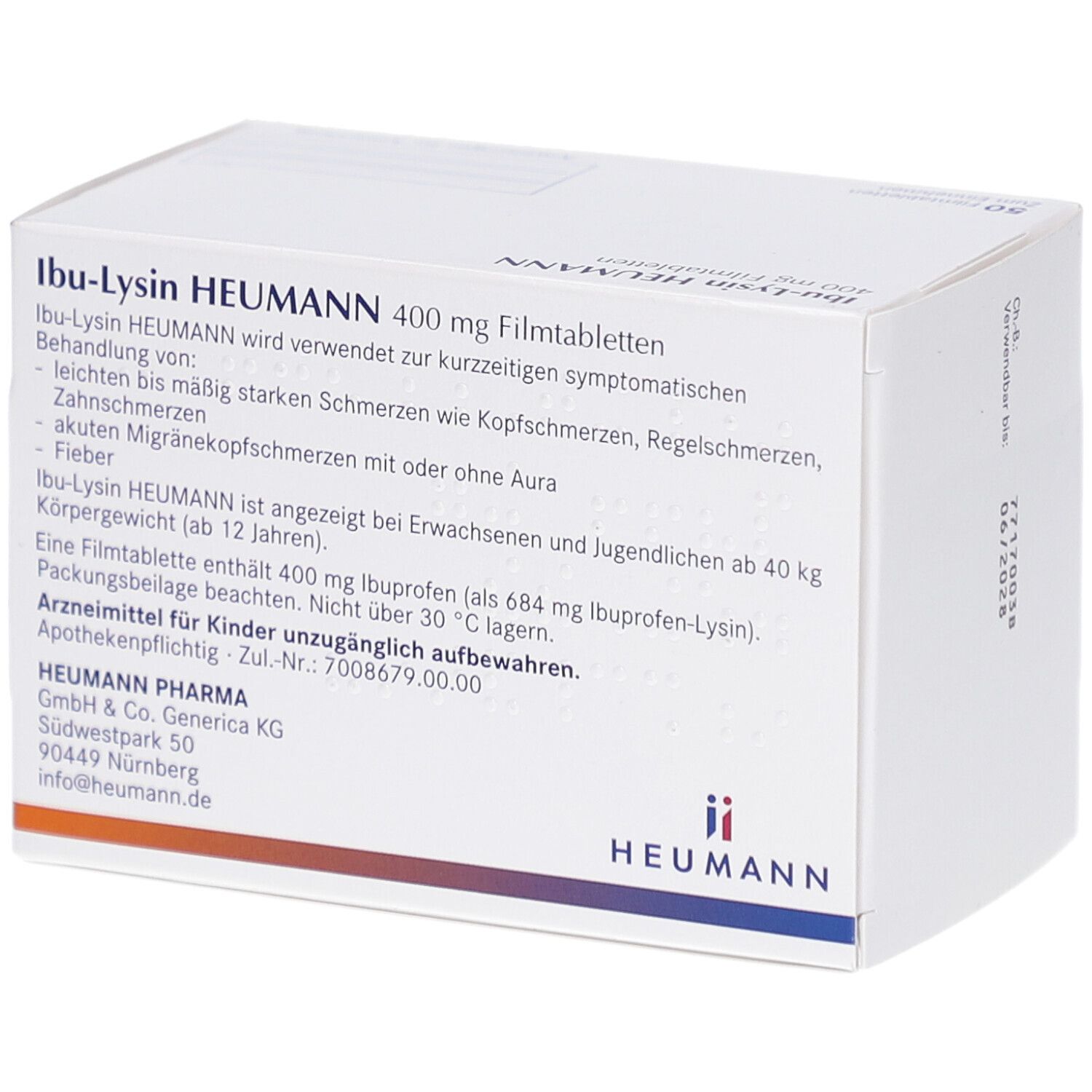 Schachtel Ibu-Lysin HEUMANN 400 mg Filmtabletten. Aufdruck: Informationen zur Anwendung und Inhaltsstoffe.