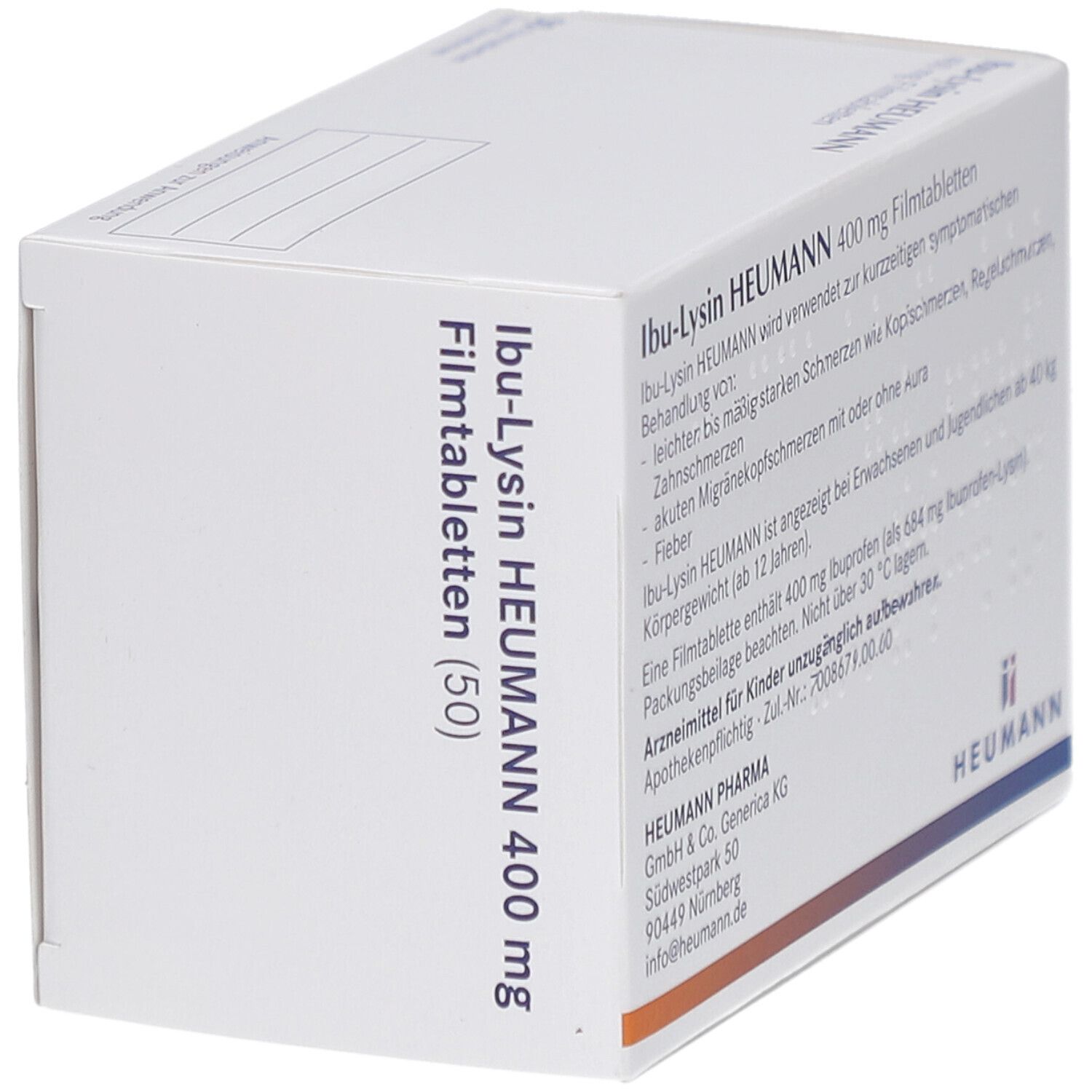 Seitenansicht der Schachtel Ibu-Lysin HEUMANN 400 mg Filmtabletten. Aufdruck: Informationen zur Anwendung.