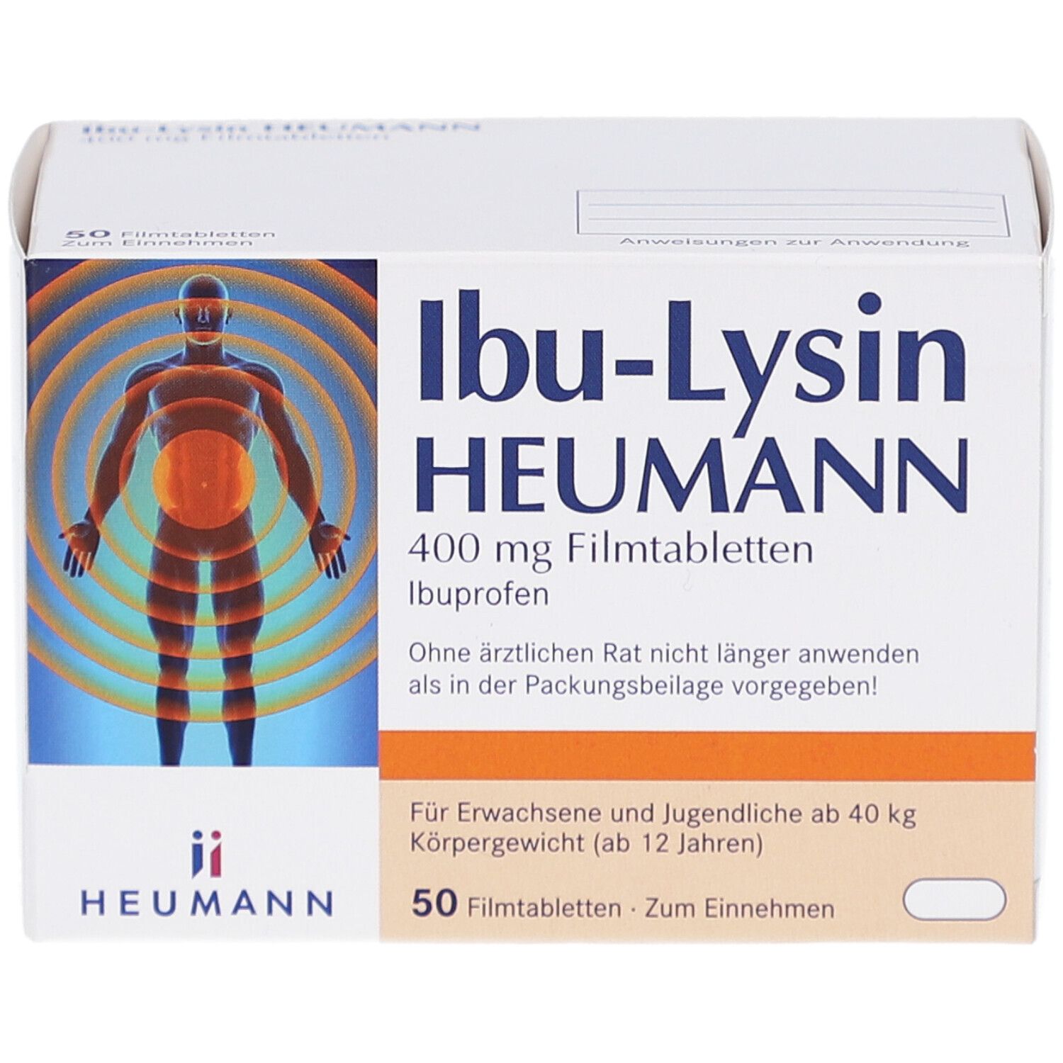 Schachtel Ibu-Lysin HEUMANN 400 mg Filmtabletten. Aufdruck: 50 Filmtabletten. Abbildung eines menschlichen Körpers.