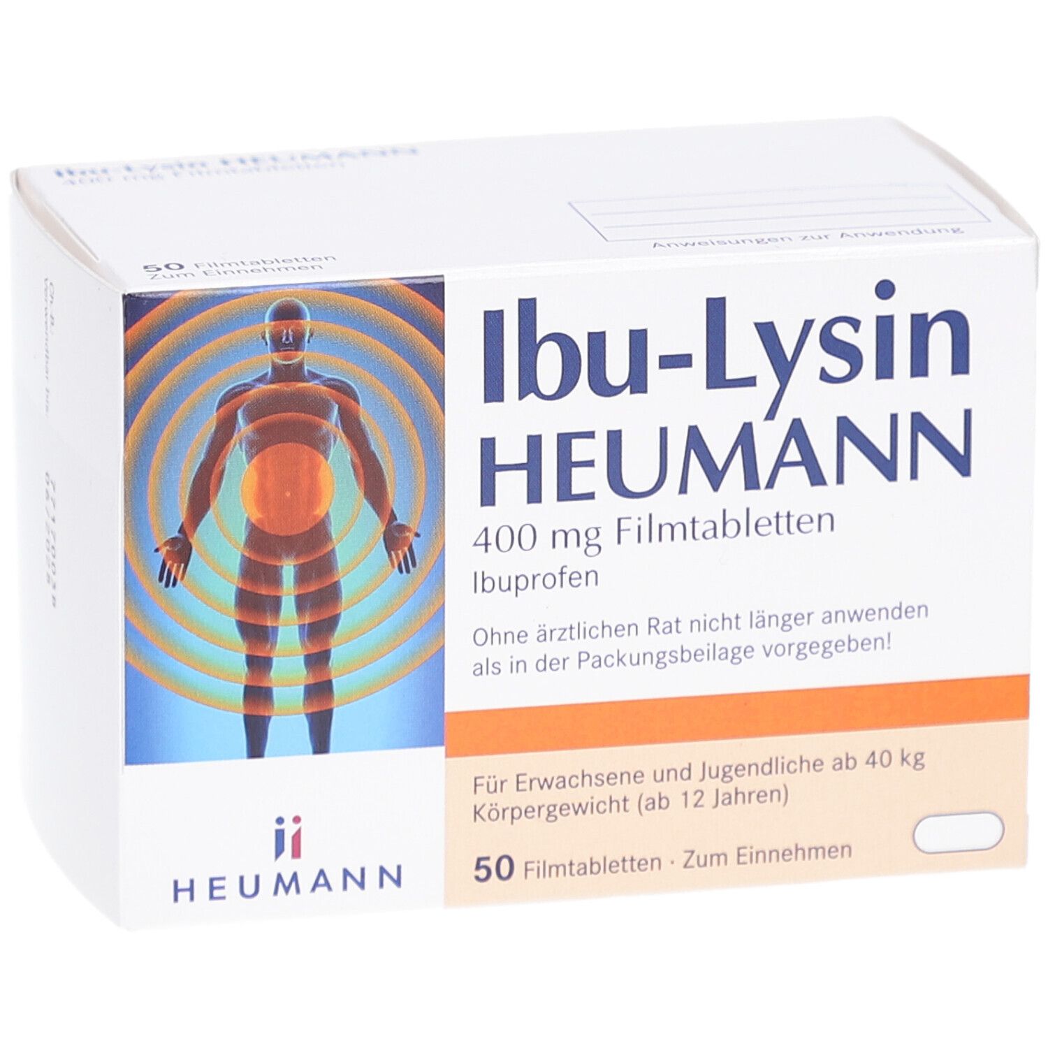 Schachtel Ibu-Lysin HEUMANN 400 mg Filmtabletten. Aufdruck: 50 Filmtabletten. Abbildung eines menschlichen Körpers.