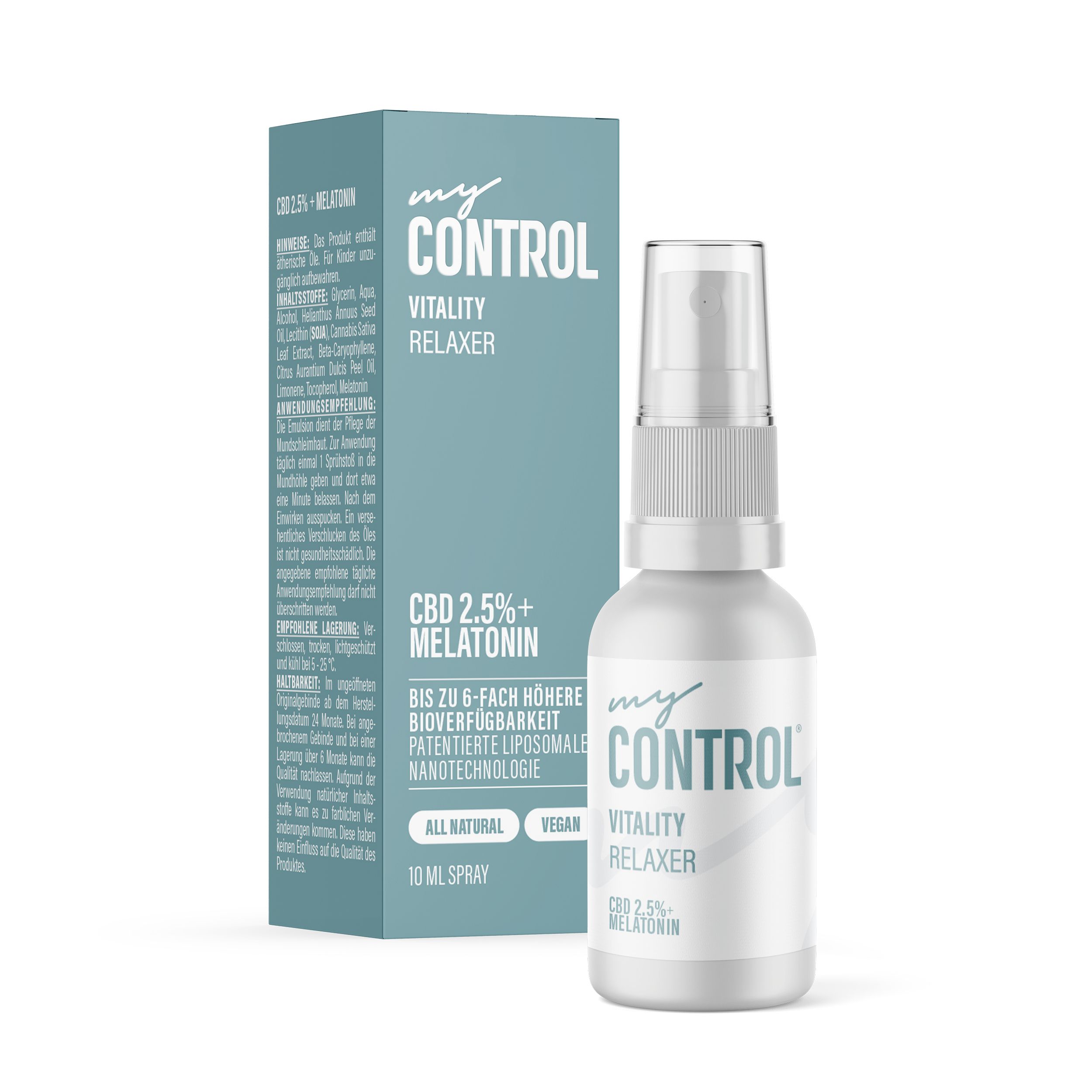 Sprayflasche und Schachtel. Aufschrift: my Control Vitality Relaxer, CBD 2.5% + Melatonin. 10 ml Spray.
