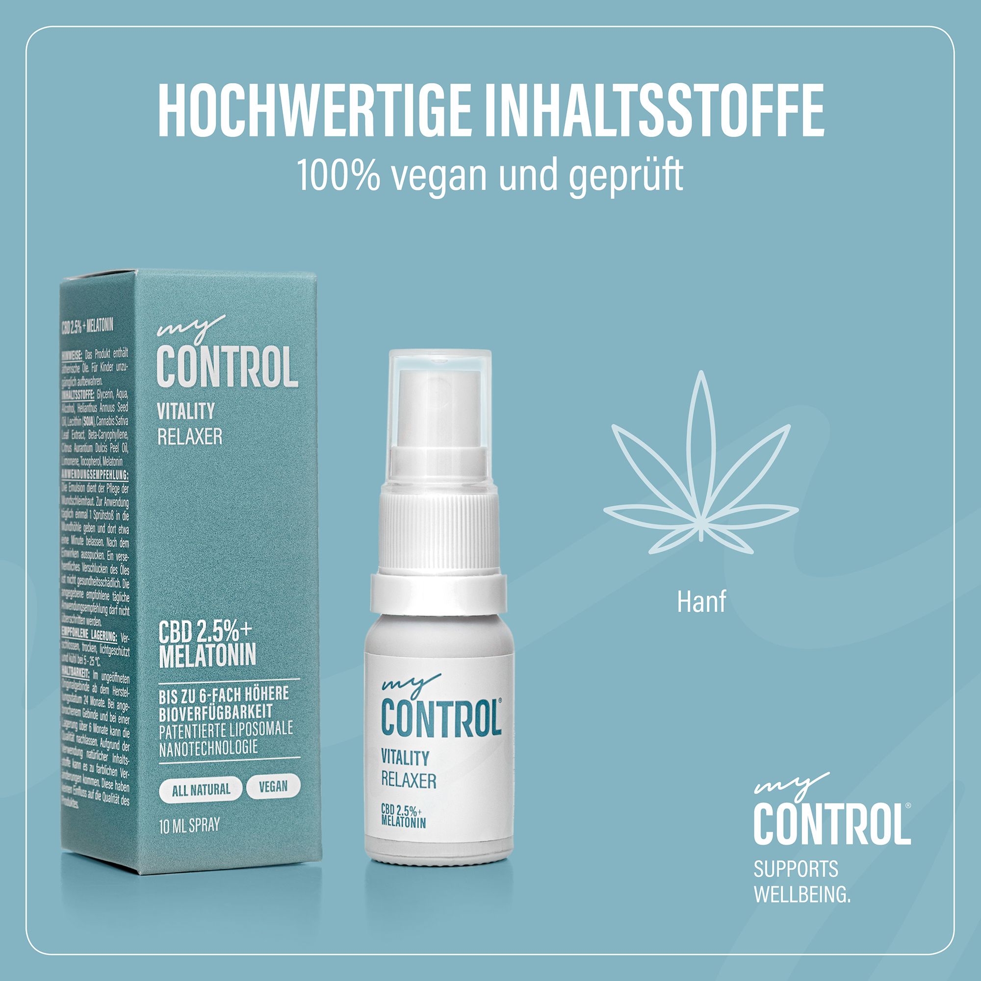 Sprayflasche und Schachtel. Aufschrift: my Control Vitality Relaxer, CBD 2.5% + Melatonin. 10 ml Spray. Hanf-Symbol.