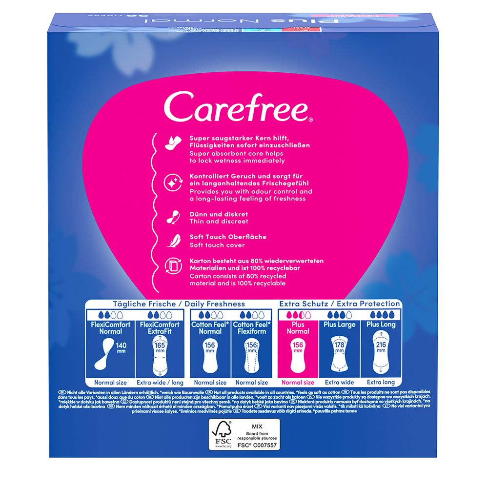Rückseite der Carefree-Verpackung. Produktübersicht. Informationen zu Inhaltsstoffen und Zertifizierungen.