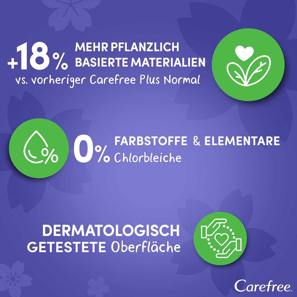 Carefree-Werbung. +18% mehr pflanzliche Materialien. 0% Farbstoffe und Chlorbleiche. Dermatologisch getestet.