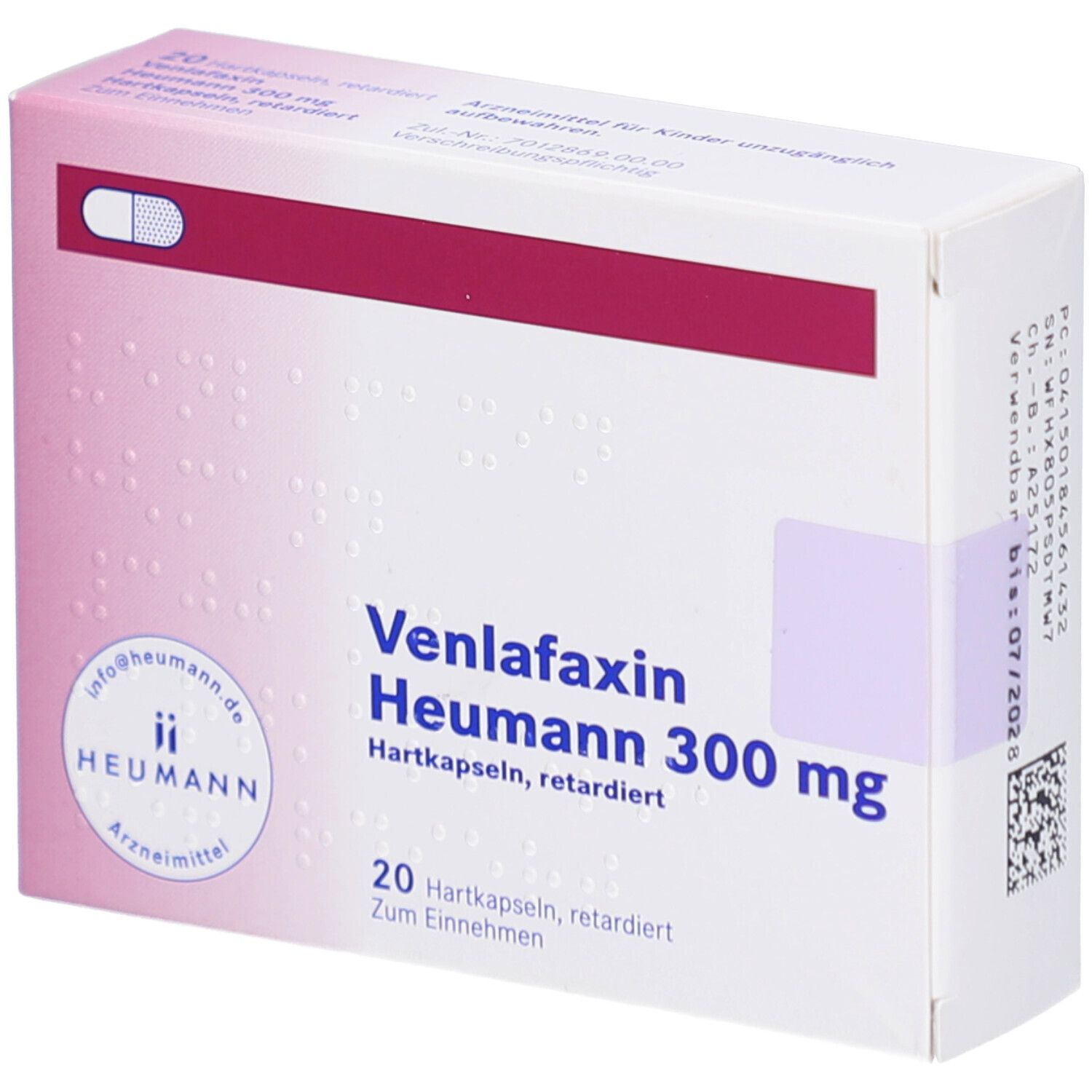 Schachtel mit Venlafaxin Heumann 300 mg Hartkapseln retardiert. 20 Kapseln. Logo Heumann. Rosa und weiße Farbgebung.