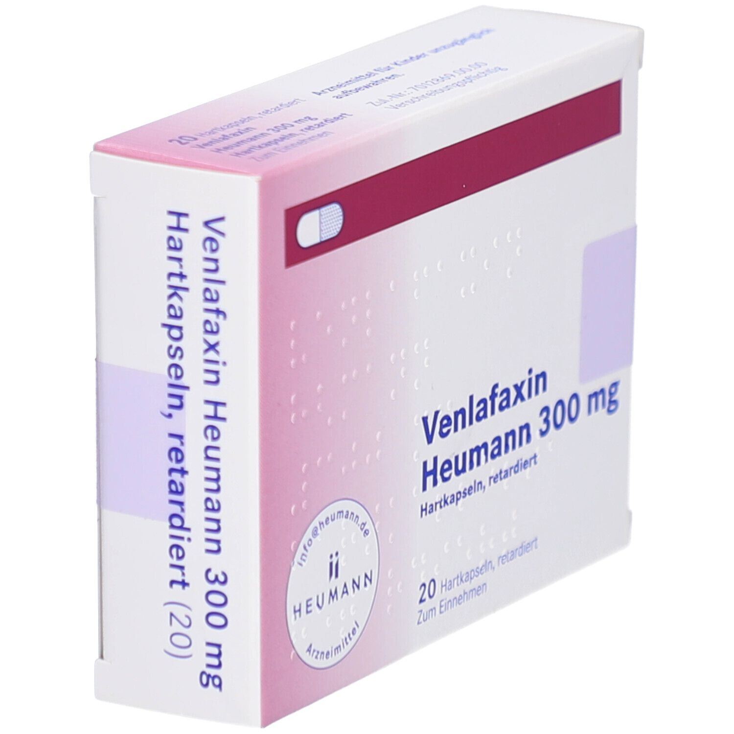 Schachtel Venlafaxin Heumann 300 mg Hartkapseln retardiert. 20 Kapseln. Logo Heumann. Rosa und weiße Farbgebung.