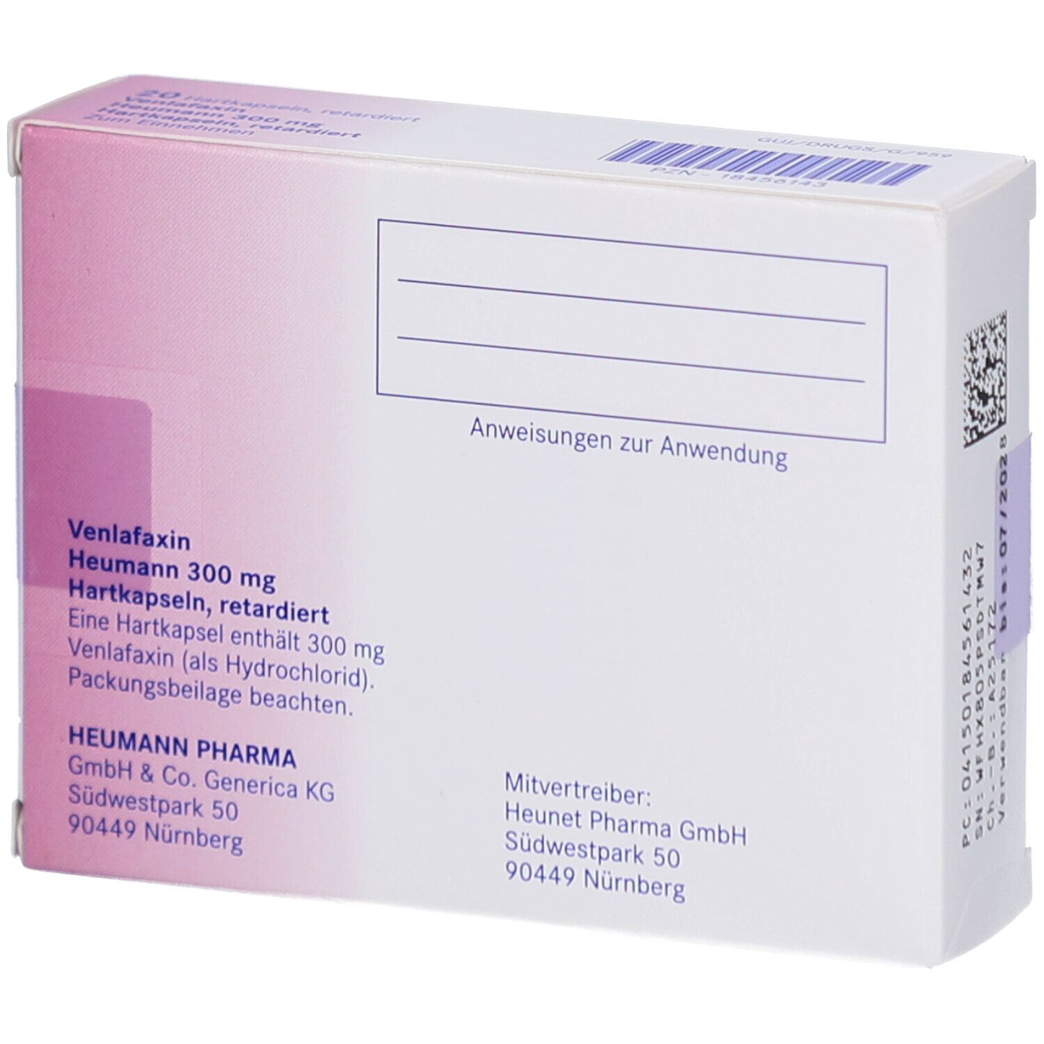 Rückseite der Schachtel mit Informationen zu Venlafaxin Heumann 300 mg. Text und Logos. Weißer Hintergrund.