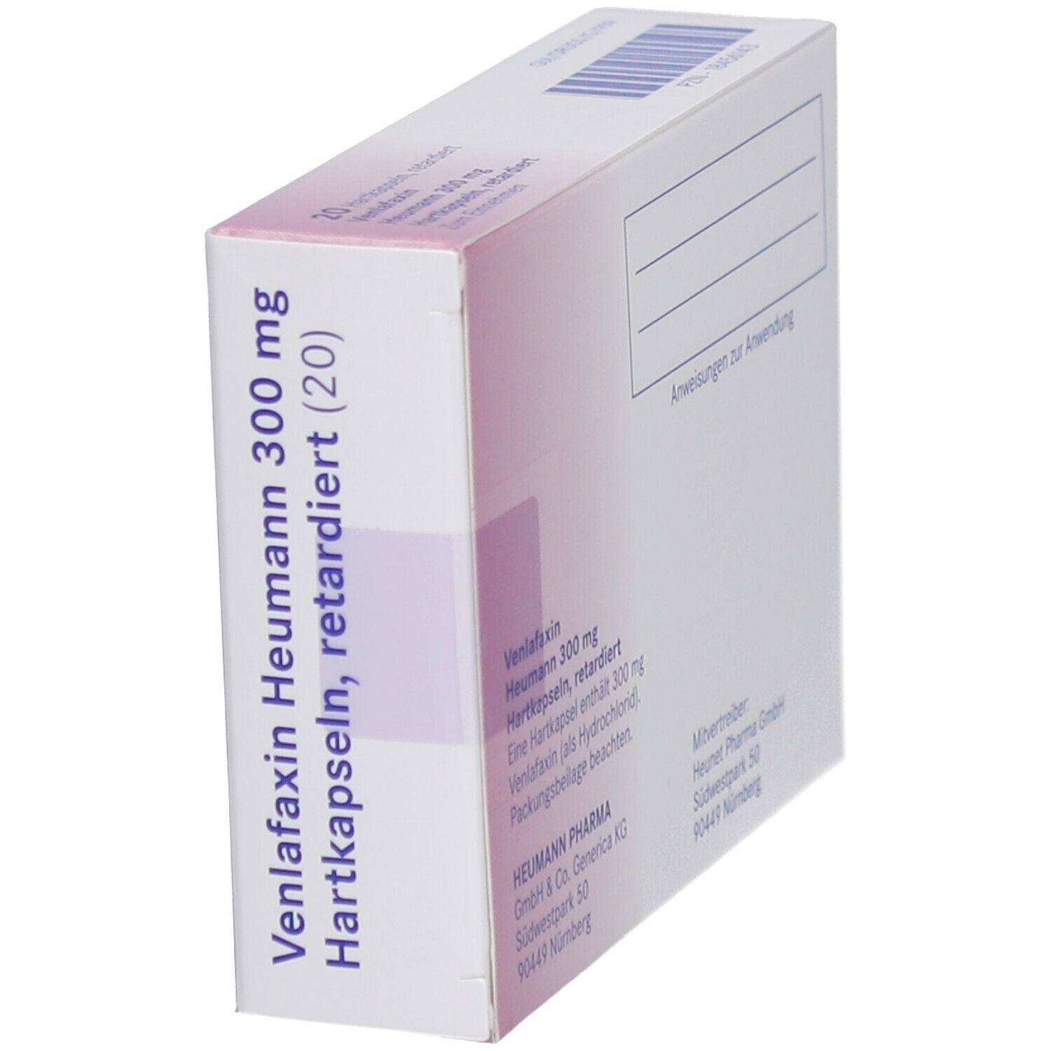 Schachtel Venlafaxin Heumann 300 mg Hartkapseln retardiert. Text und Logos. Weißer Hintergrund.