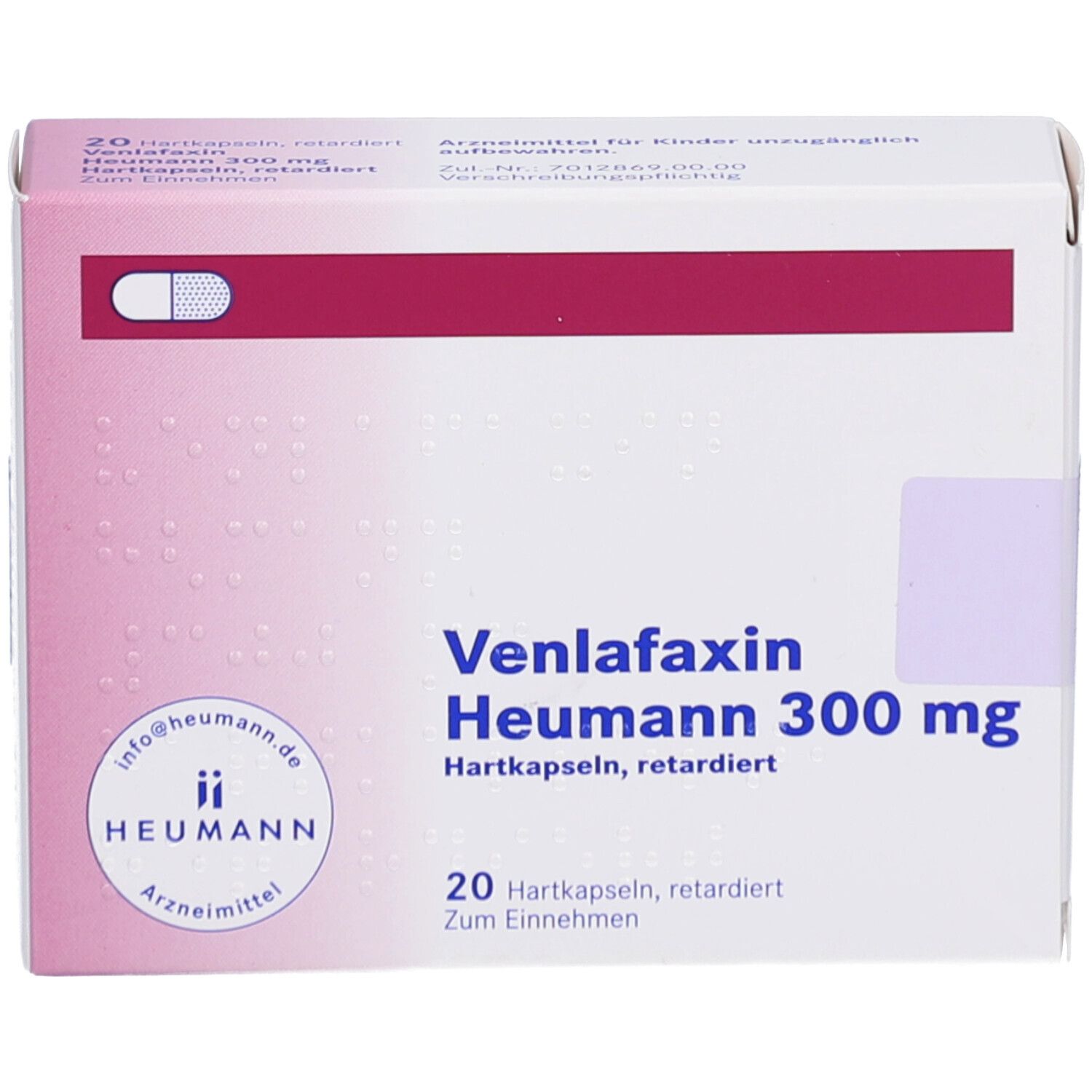 Schachtel mit Venlafaxin Heumann 300 mg Hartkapseln retardiert. 20 Kapseln. Logo Heumann. Rosa und weiße Farbgebung.