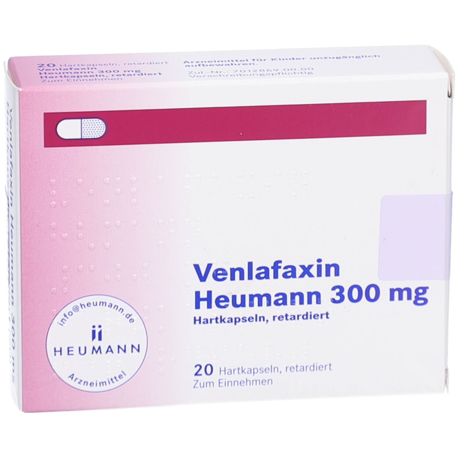 Schachtel mit Venlafaxin Heumann 300 mg Hartkapseln retardiert. 20 Kapseln. Logo Heumann. Rosa und weiße Farbgebung.