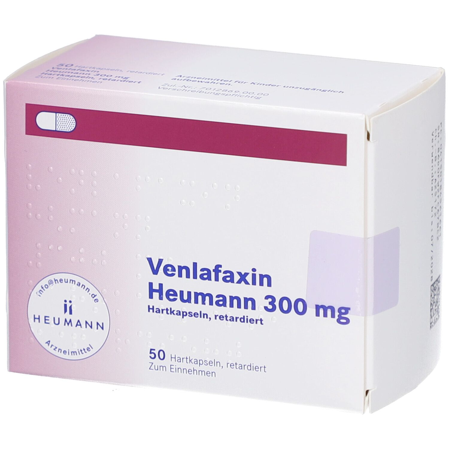 Weißer Karton mit Aufschrift Venlafaxin Heumann 300 mg. 50 Hartkapseln, retardiert. Logo Heumann.