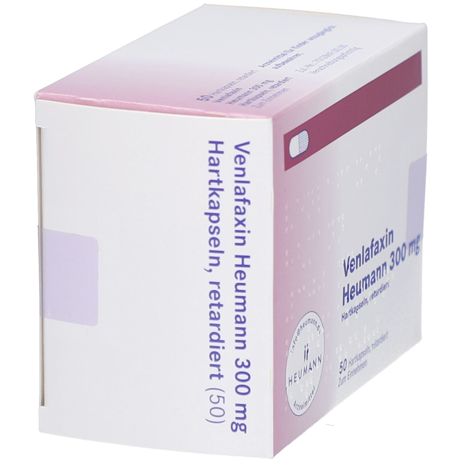 Karton mit Aufschrift Venlafaxin Heumann 300 mg, 50 Hartkapseln, retardiert. Heumann Logo. Rosa Akzent.