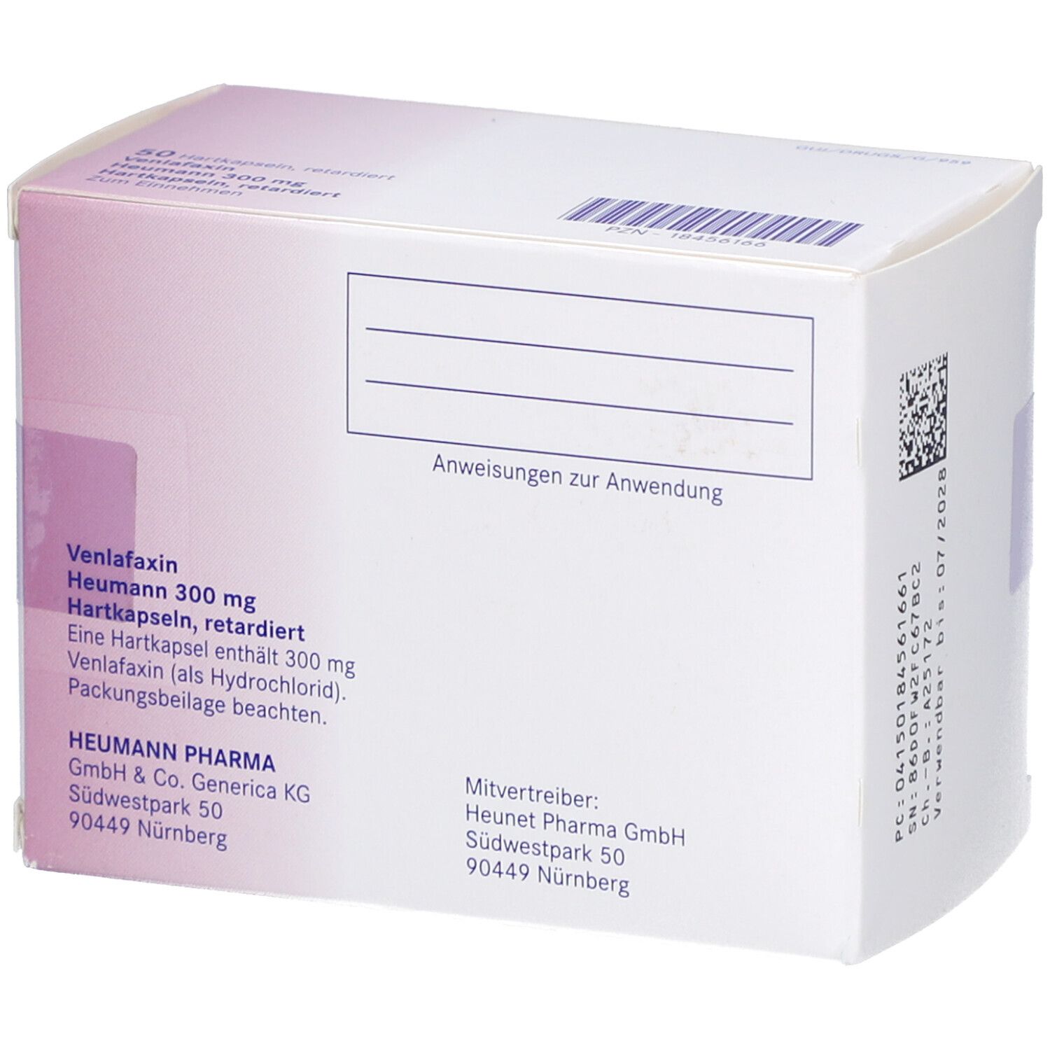 Rückseite der Verpackung. Text: Venlafaxin Heumann 300 mg. Angaben zur Anwendung. Heumann Pharma GmbH.
