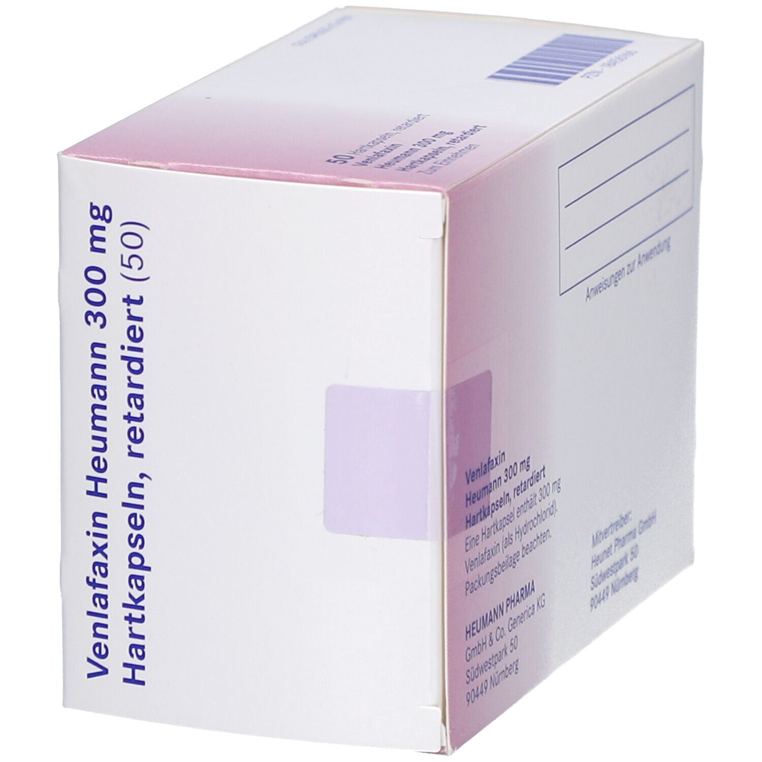Karton mit Aufschrift Venlafaxin Heumann 300 mg, 50 Hartkapseln, retardiert (50). Heumann Logo.