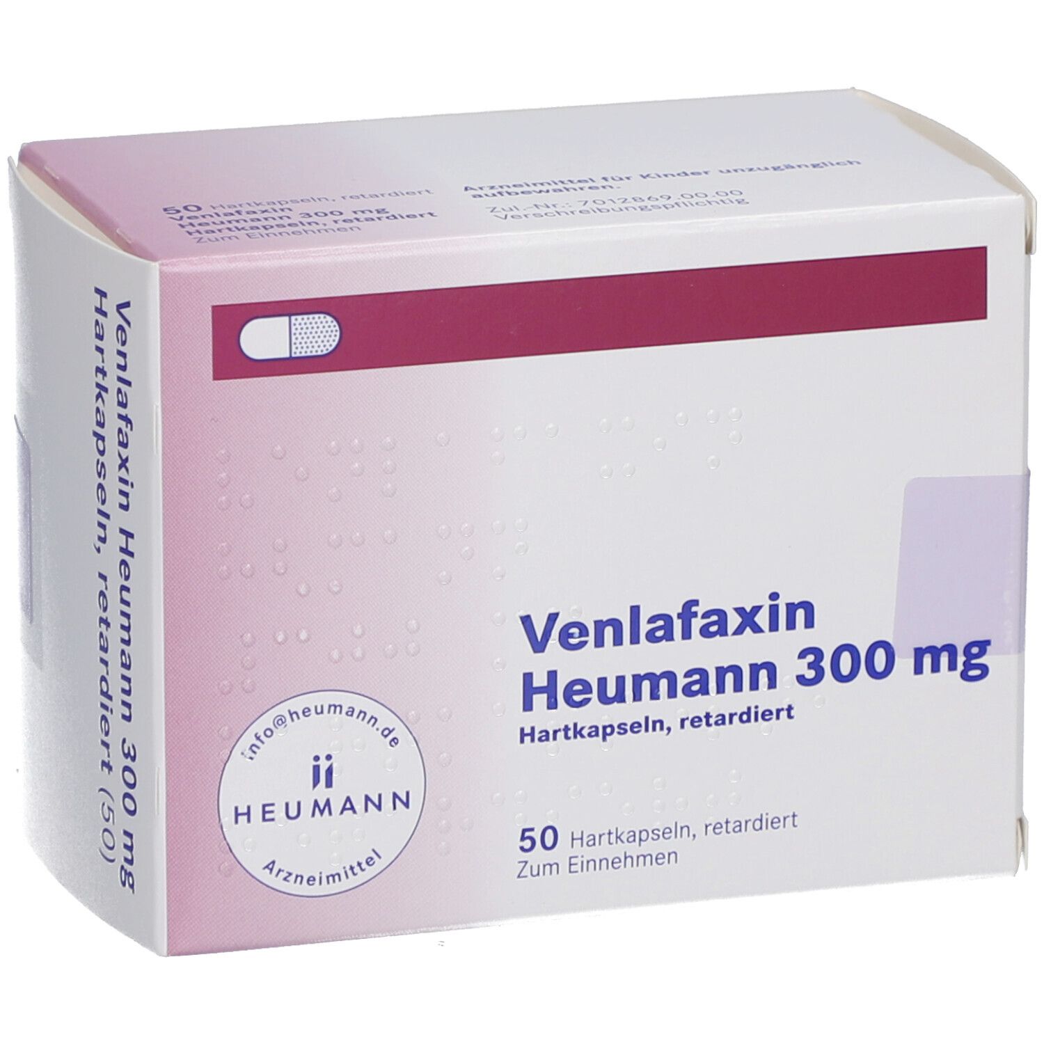 Weißer Karton mit Aufschrift Venlafaxin Heumann 300 mg. 50 Hartkapseln, retardiert. Logo Heumann.