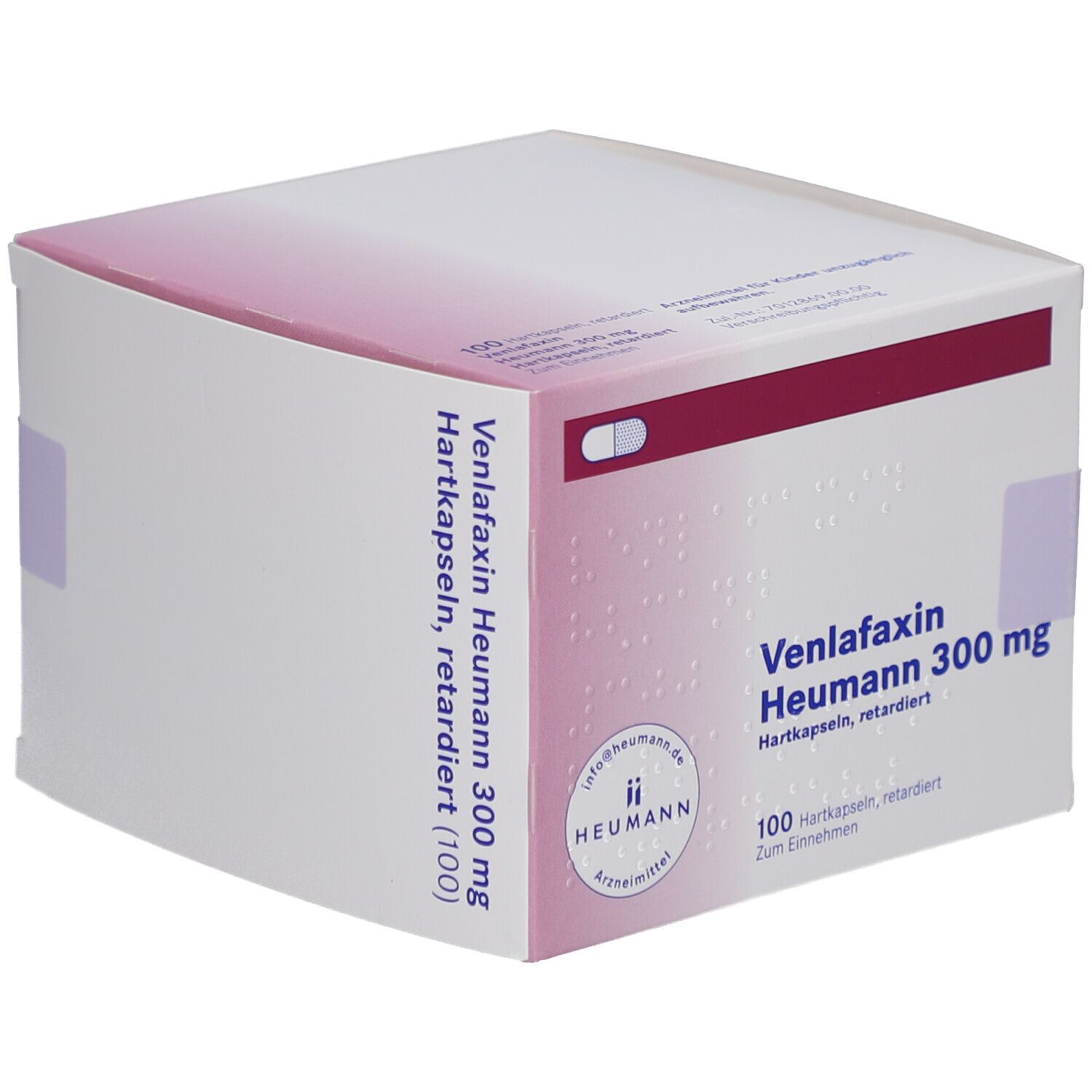 Karton mit Produktinformationen. Venlafaxin Heumann 300 mg. 100 Hartkapseln retardiert. Logo Heumann. Rote und violette Farbgebung.
