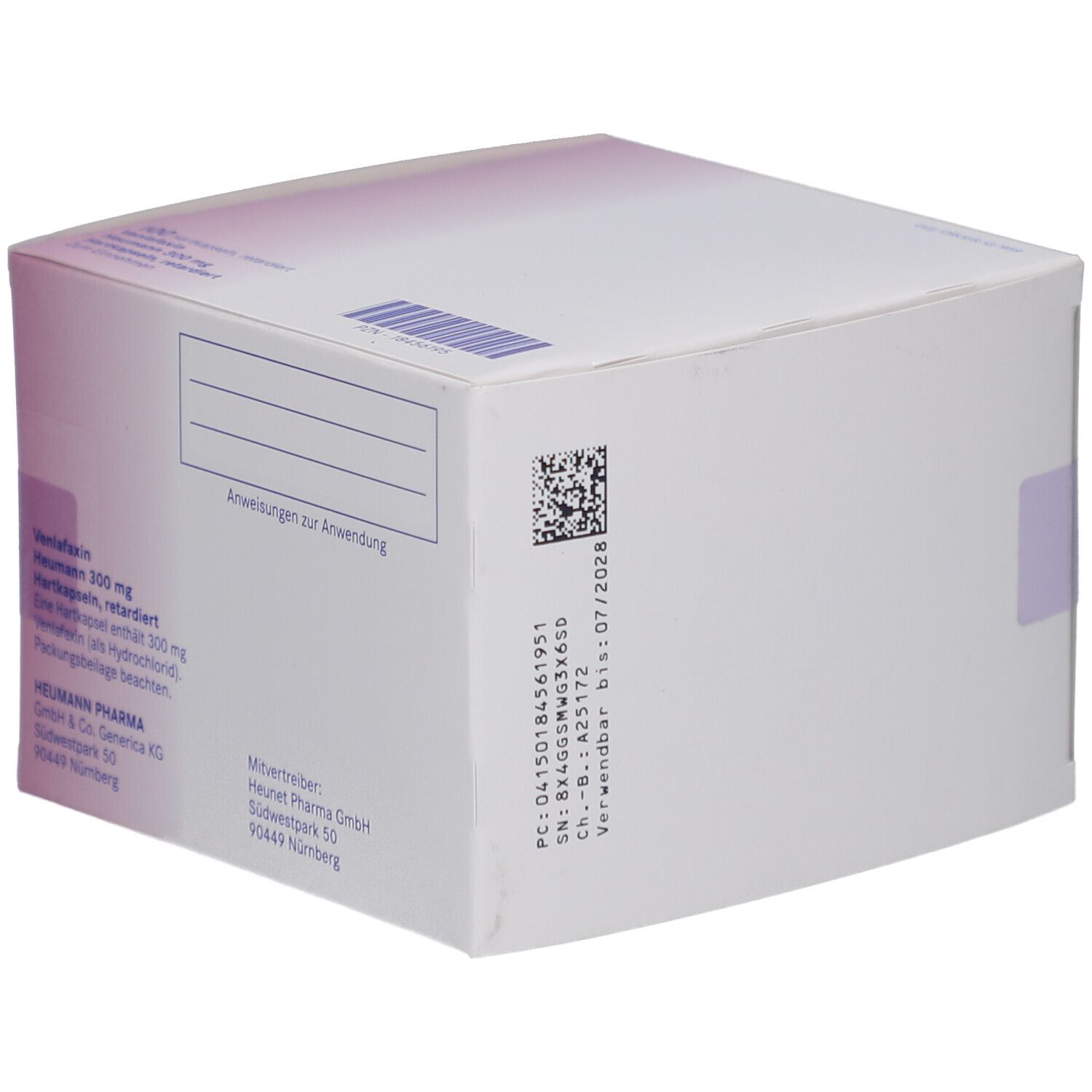Rückseite der Verpackung. Produktname: Venlafaxin Heumann 300 mg. Herstellerinformationen, Barcode und Verfallsdatum.
