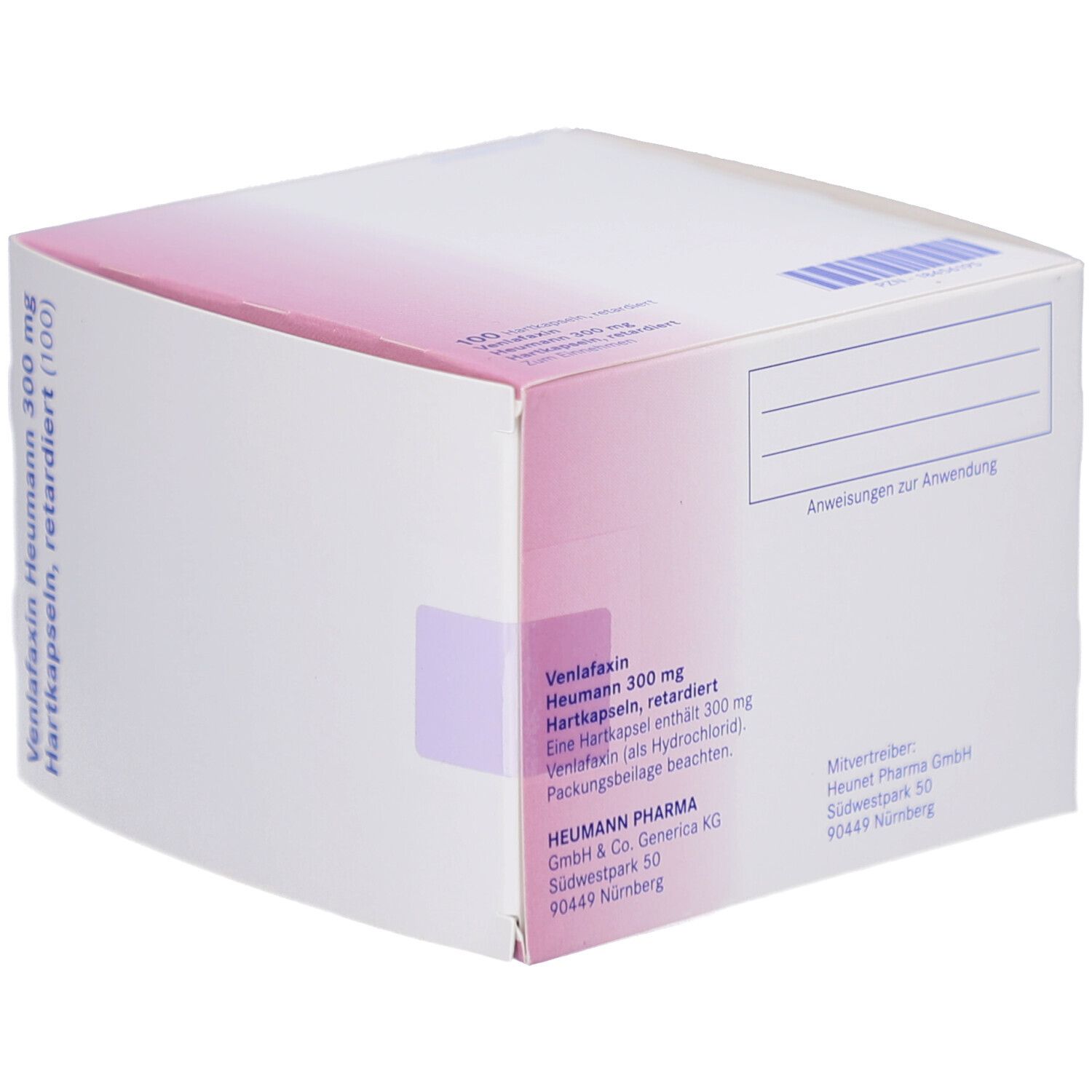Verpackung mit Produktinformationen. Venlafaxin Heumann 300 mg. Logo Heumann. Rote und violette Farbgebung. Herstellerinformationen.