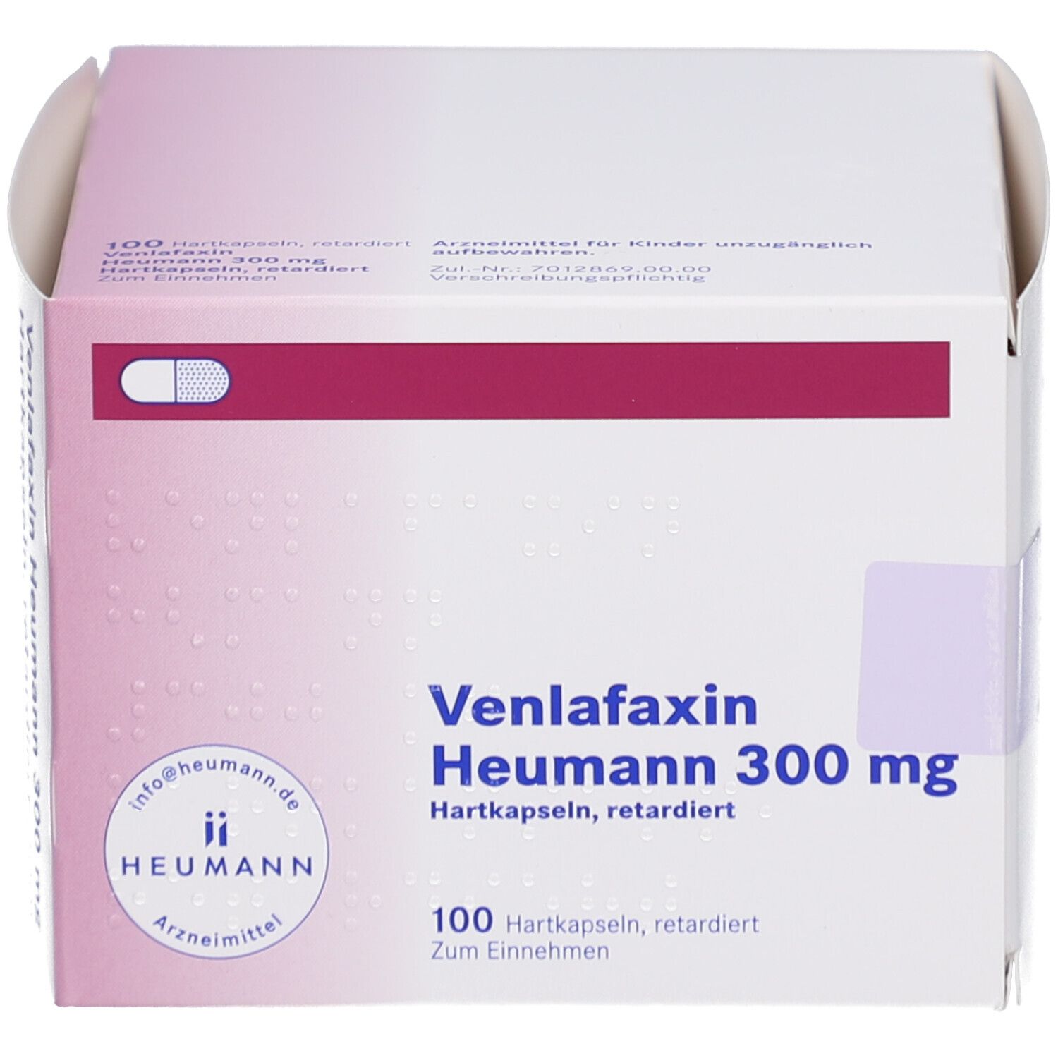 Karton mit Produktinformationen. Venlafaxin Heumann 300 mg. 100 Hartkapseln retardiert. Logo Heumann. Rote und violette Farbgebung.