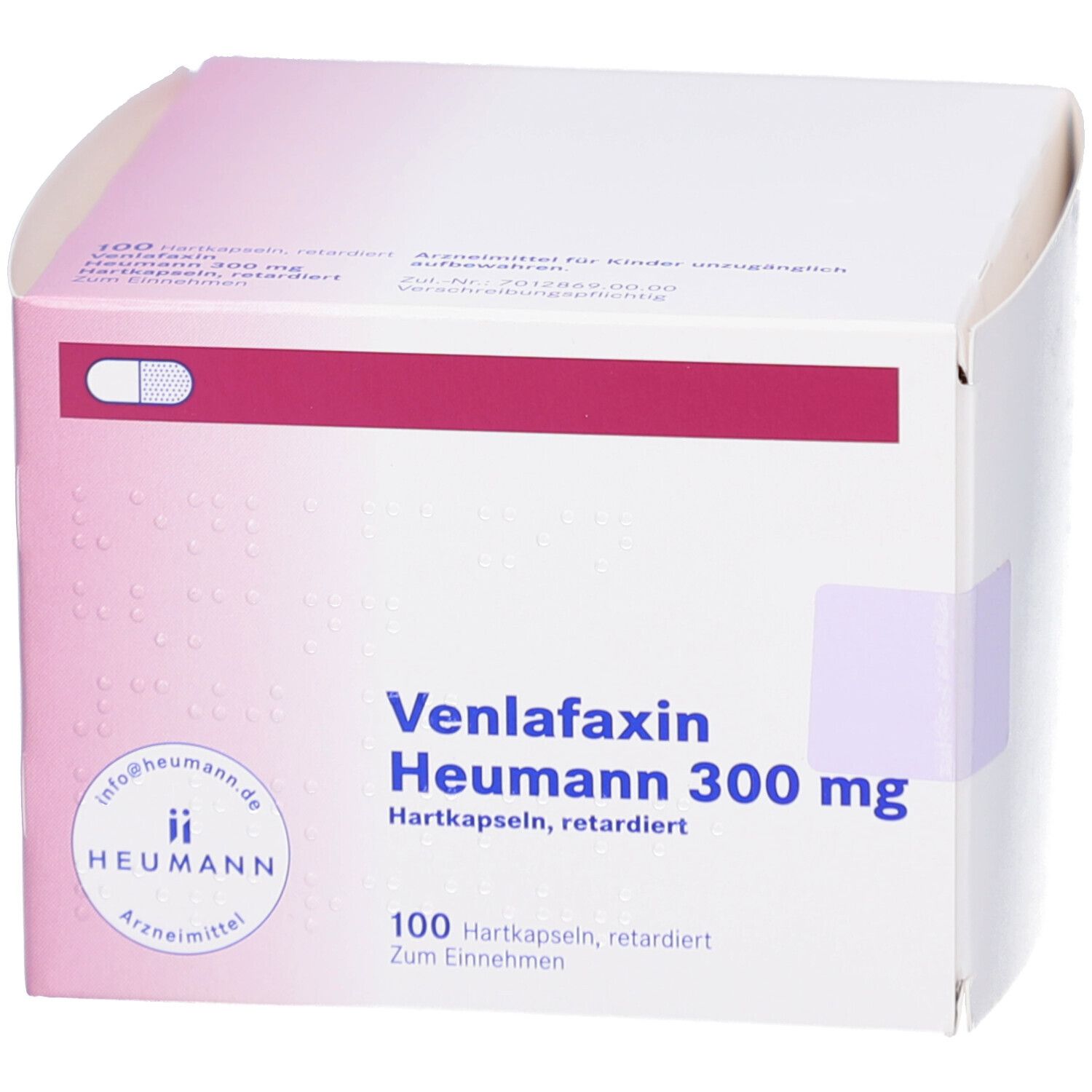 Karton mit Produktinformationen. Venlafaxin Heumann 300 mg. 100 Hartkapseln retardiert. Logo Heumann. Rote und violette Farbgebung.