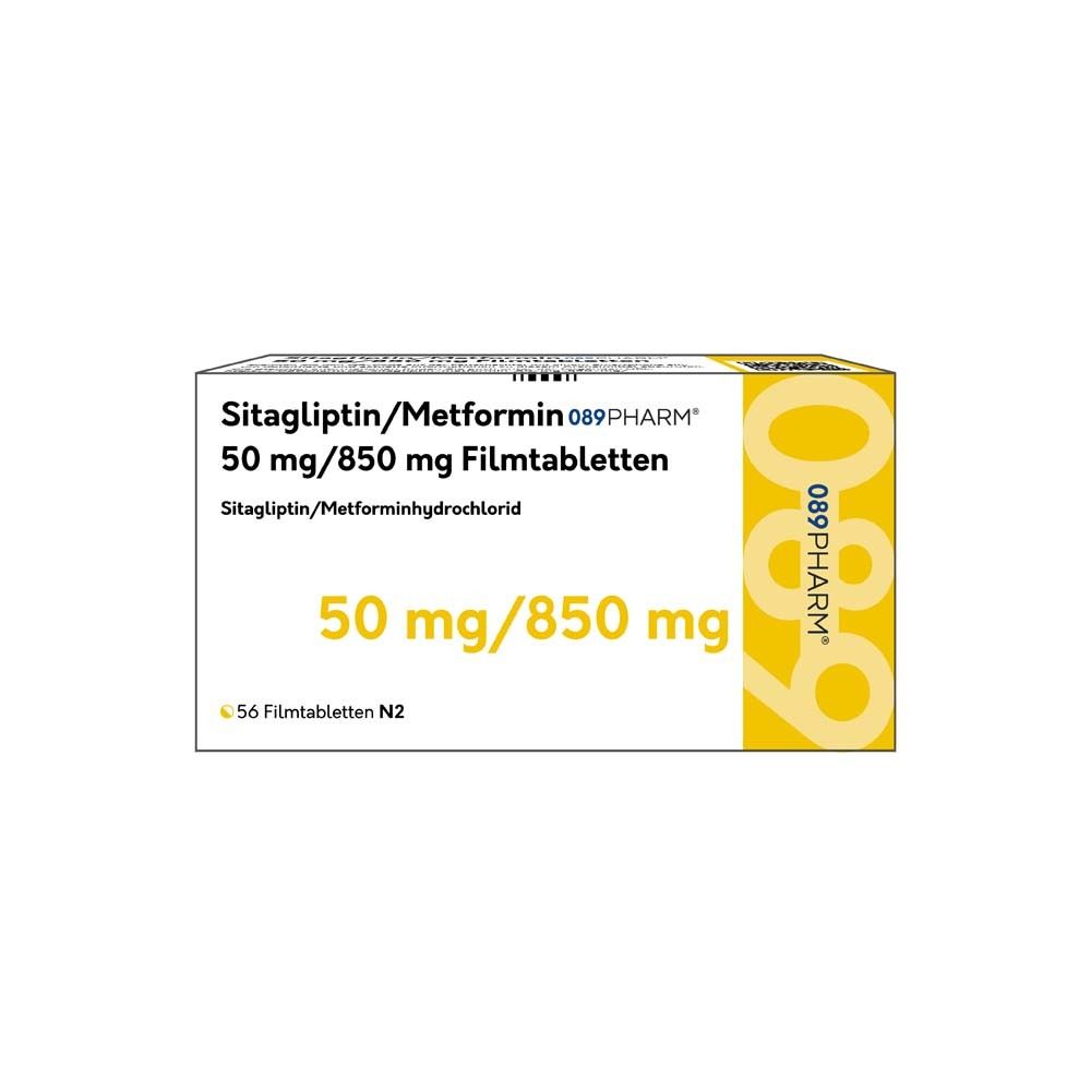 Verpackung von Sitagliptin/Metformin 089PHARM Filmtabletten. Aufschrift: 50 mg/850 mg. Enthält 56 Tabletten. Herstellerlogo 089PHARM.
