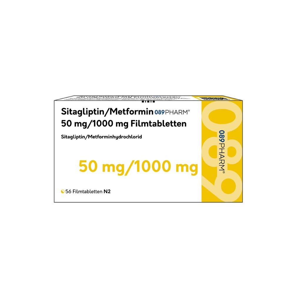 Verpackung von Filmtabletten. Aufschrift: Sitagliptin/Metformin 50 mg/1000 mg. Marke 089PHARM. Enthält 56 Tabletten.