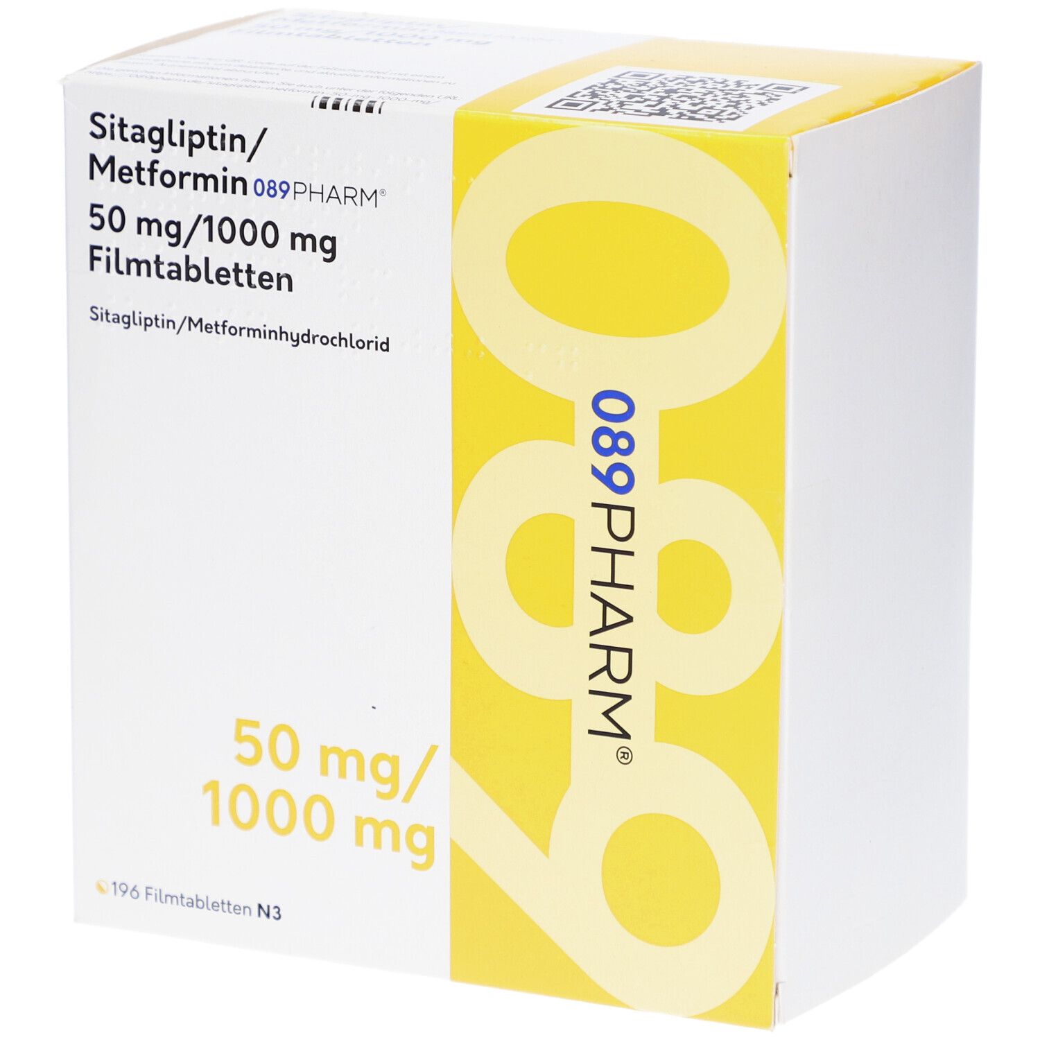 Packung mit Sitagliptin/Metformin 089PHARM. 50 mg/1000 mg Filmtabletten. Gelb-weiße Verpackung.