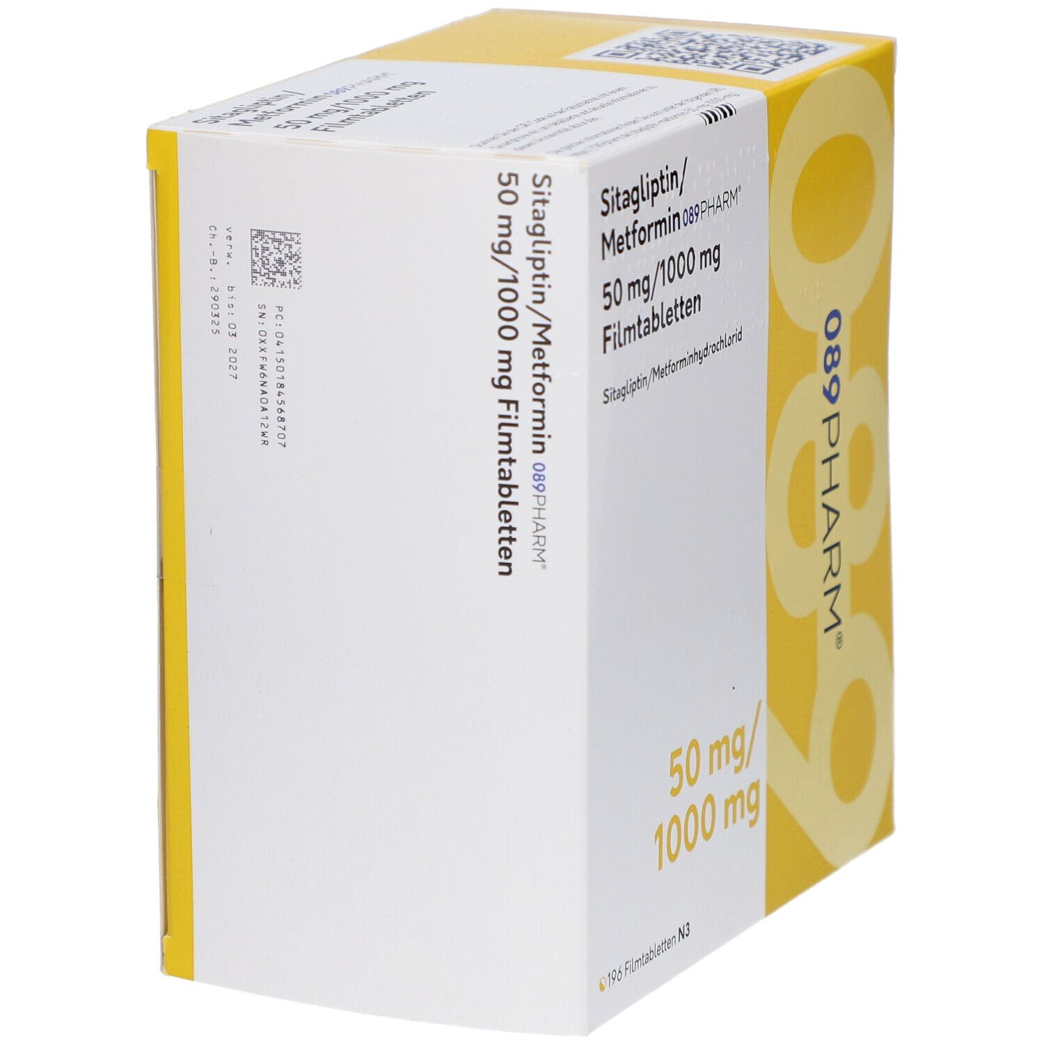 Packung mit Sitagliptin/Metformin 089PHARM. 50 mg/1000 mg Filmtabletten. Seitenansicht der Verpackung.