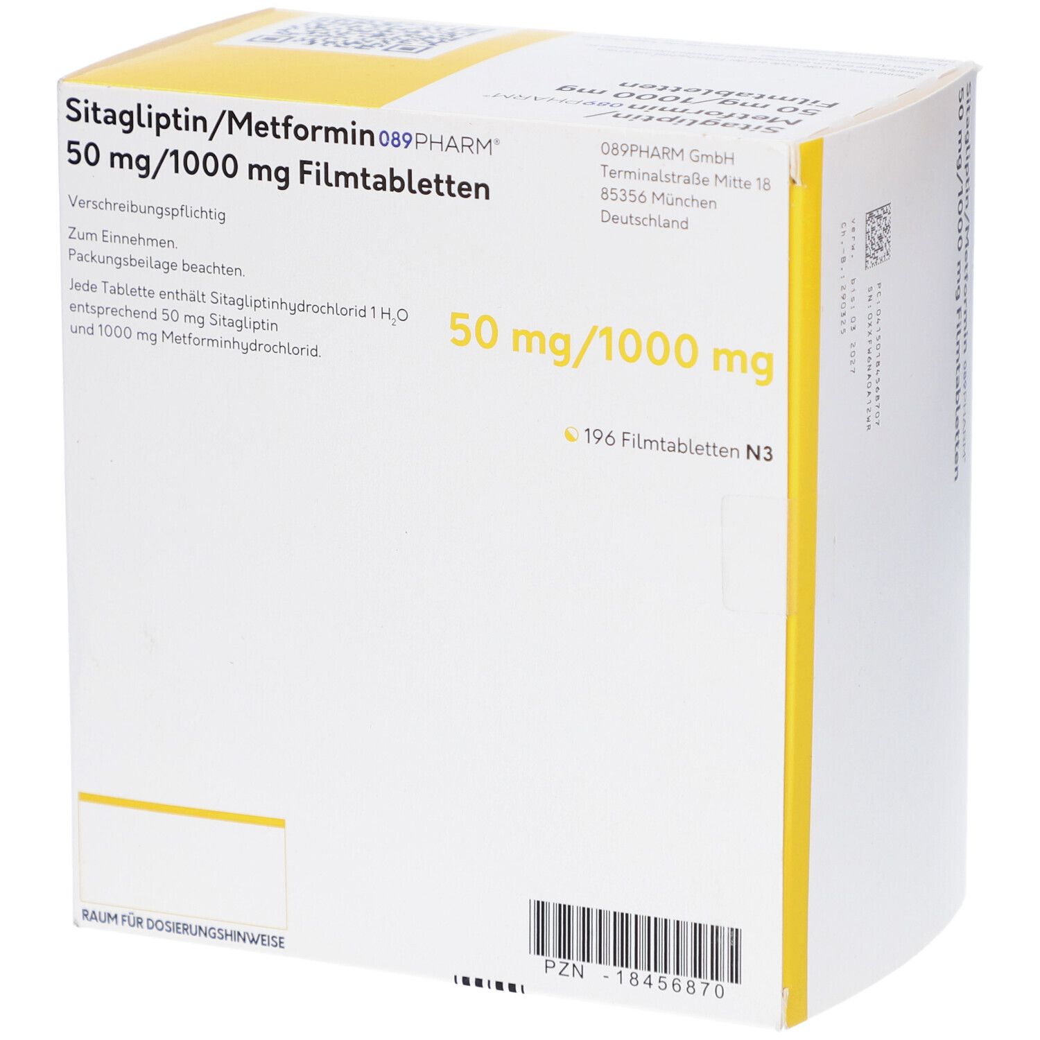 Rückseite der Packung mit Sitagliptin/Metformin 089PHARM. 50 mg/1000 mg Filmtabletten. Text und Barcode.