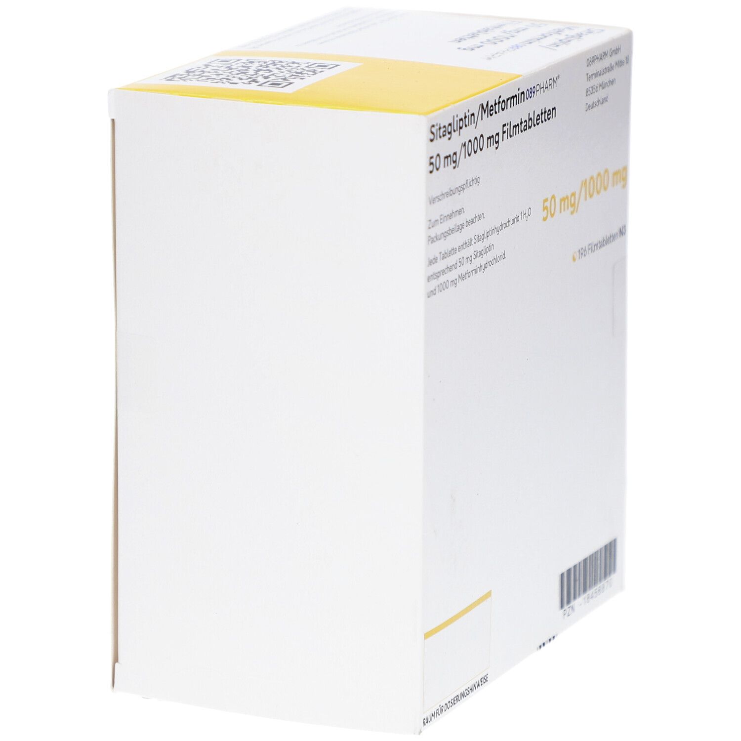 Seitenansicht der Packung mit Sitagliptin/Metformin 089PHARM. 50 mg/1000 mg Filmtabletten. Gelb-weiße Verpackung.