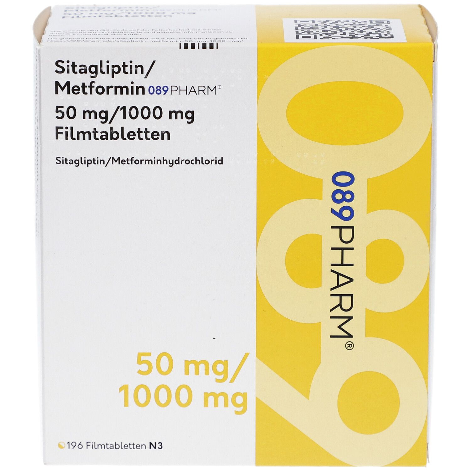 Packung mit Sitagliptin/Metformin 089PHARM. 50 mg/1000 mg Filmtabletten. Gelb-weiße Verpackung.