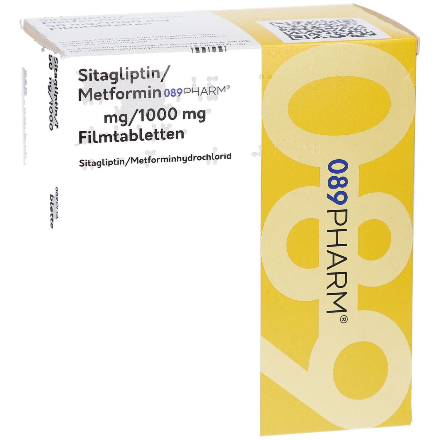 Packung mit Sitagliptin/Metformin 089PHARM. 50 mg/1000 mg Filmtabletten. Gelb-weiße Verpackung.