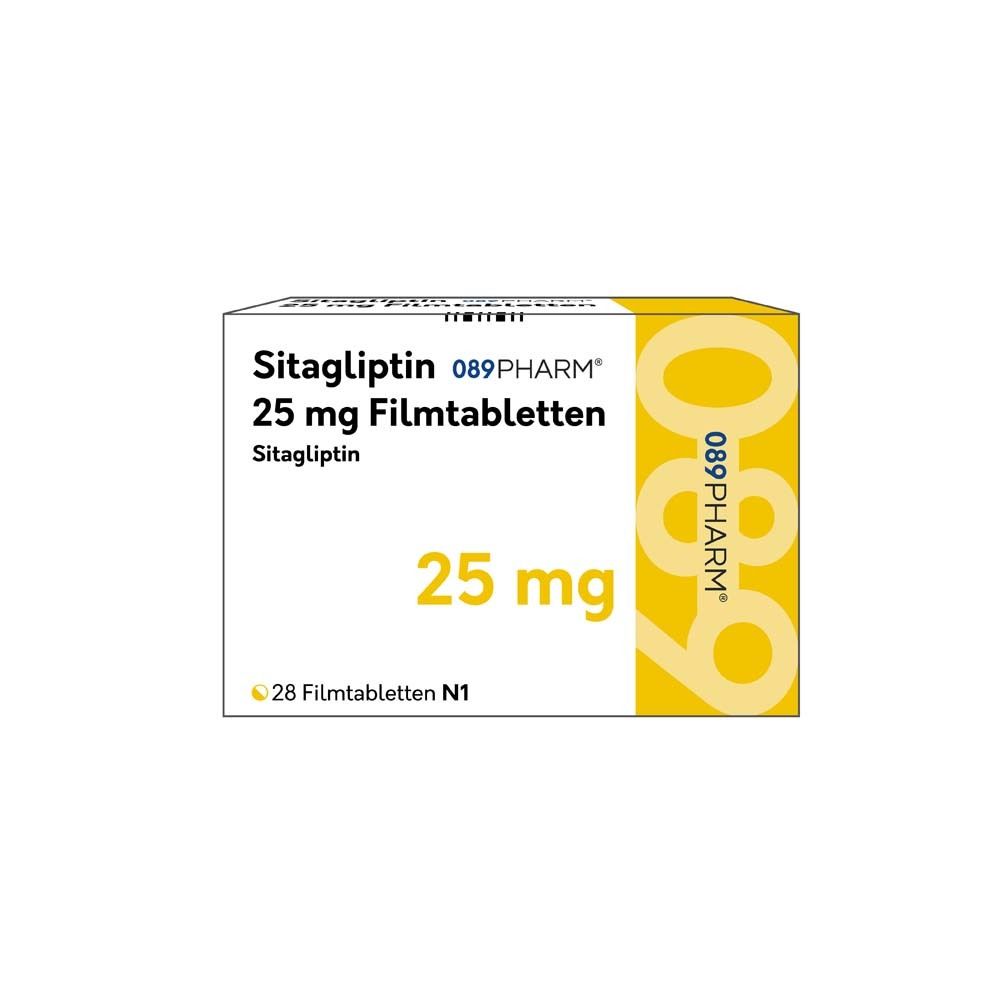Schachtel mit Sitagliptin 25 mg Filmtabletten. Aufschrift: 089Pharm, 28 Filmtabletten N1. Gelb und weiß.